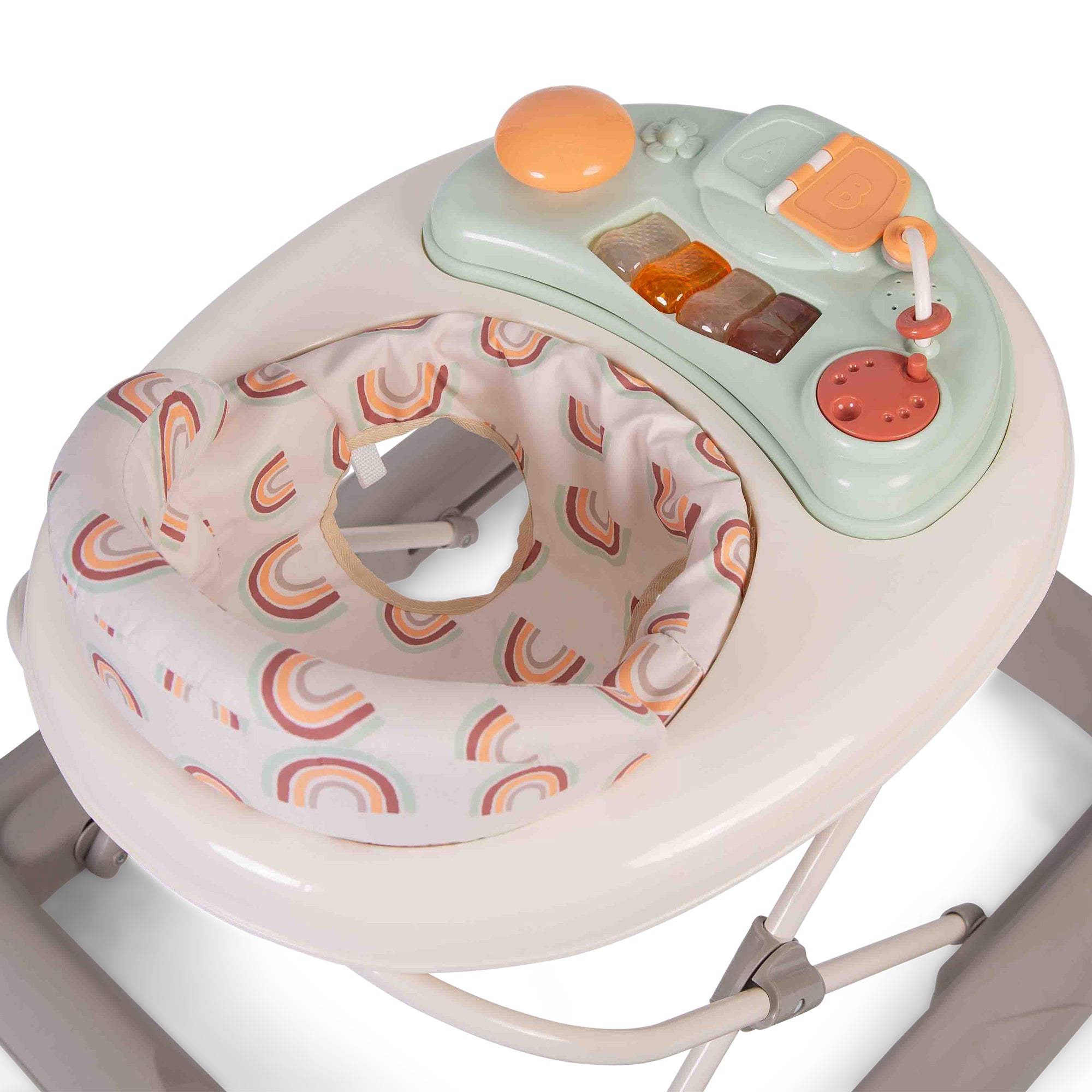 Baby walker with colorful buttons and rainbow pattern on a white background