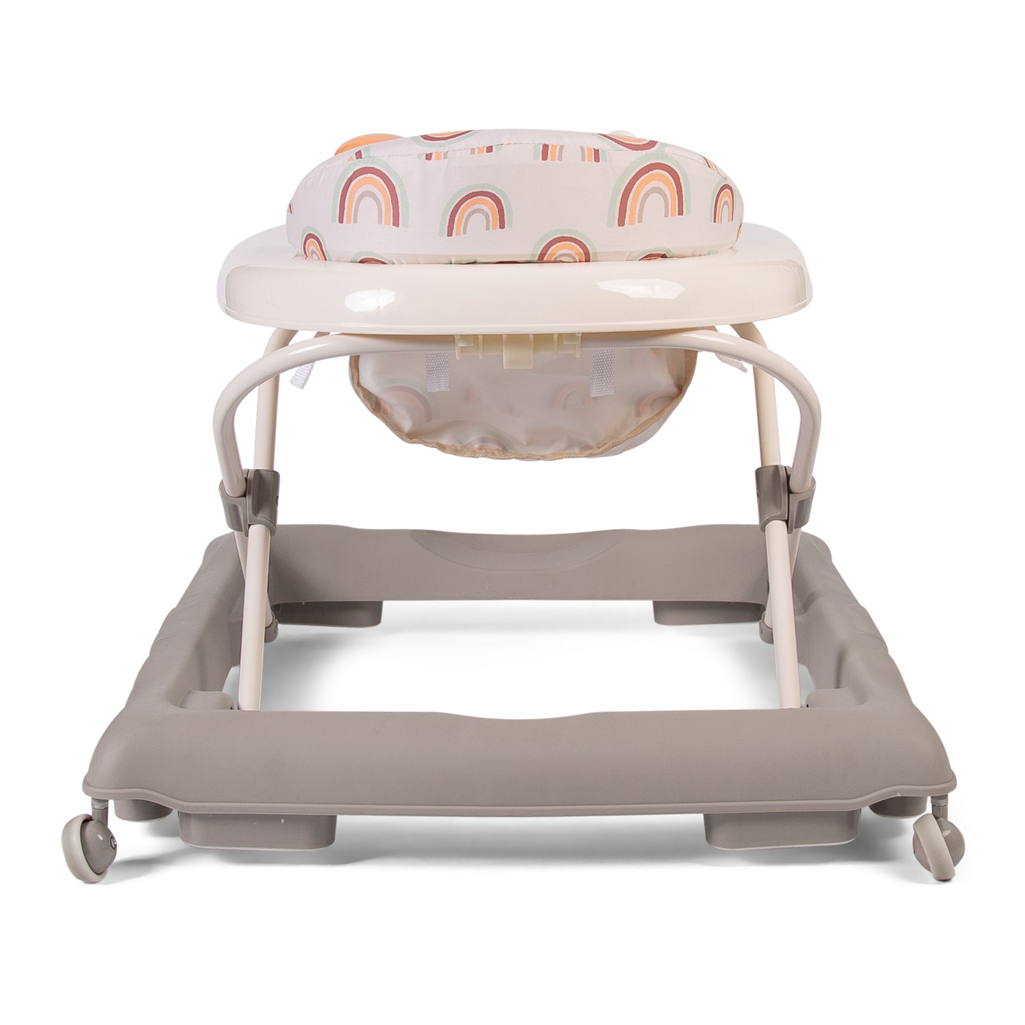 Baby walker with a patterned cushion on a white background