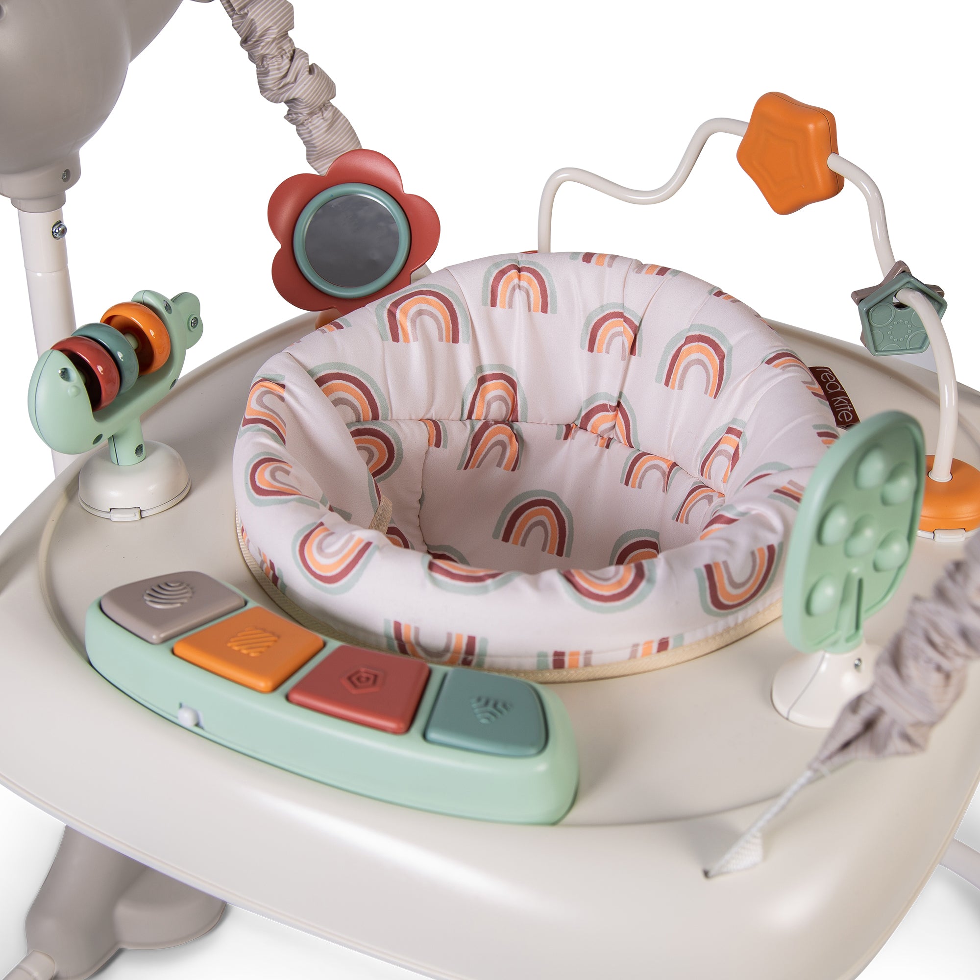 Baby bouncer with colorful seat and toys on a white background