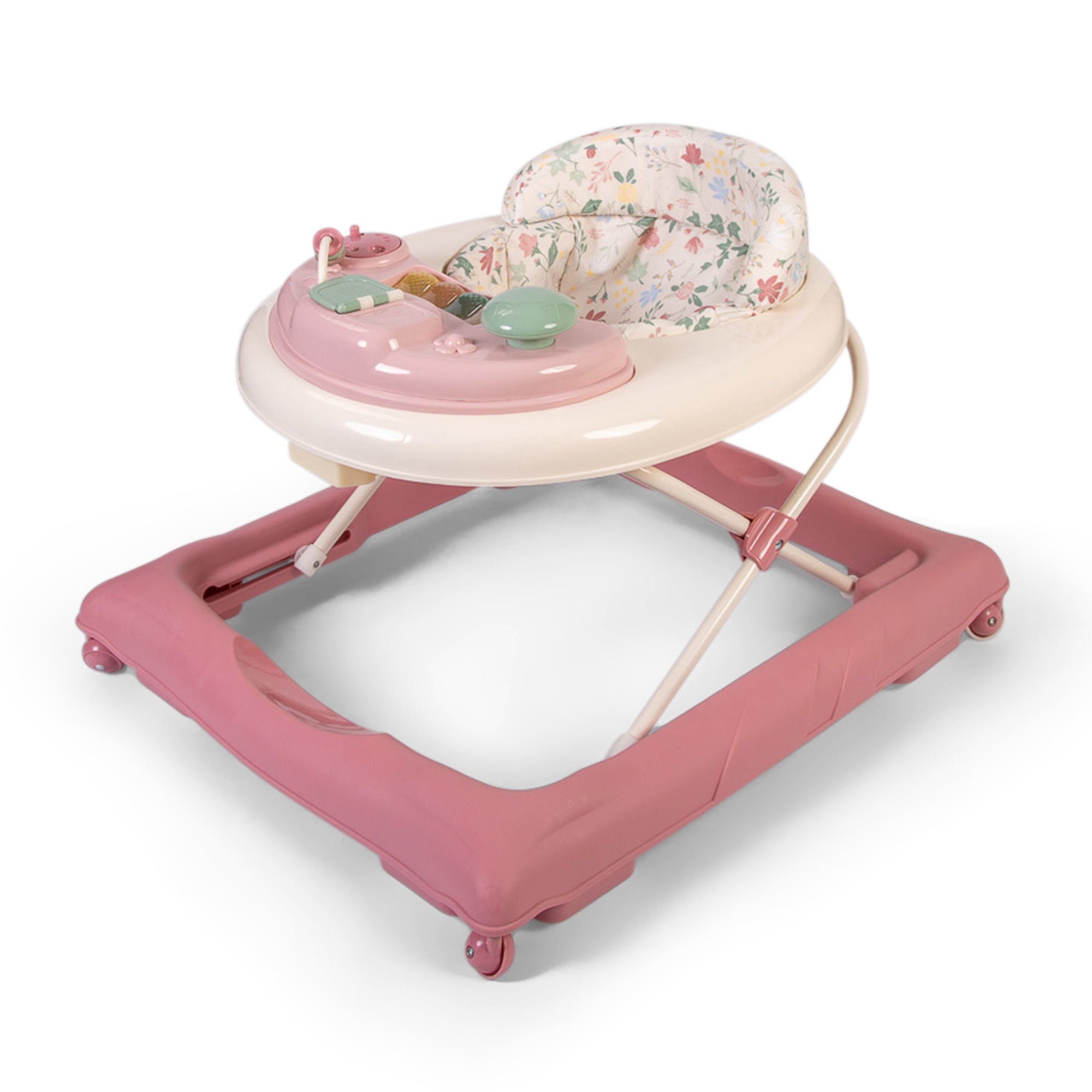 Pink baby walker with floral cushion on a white background