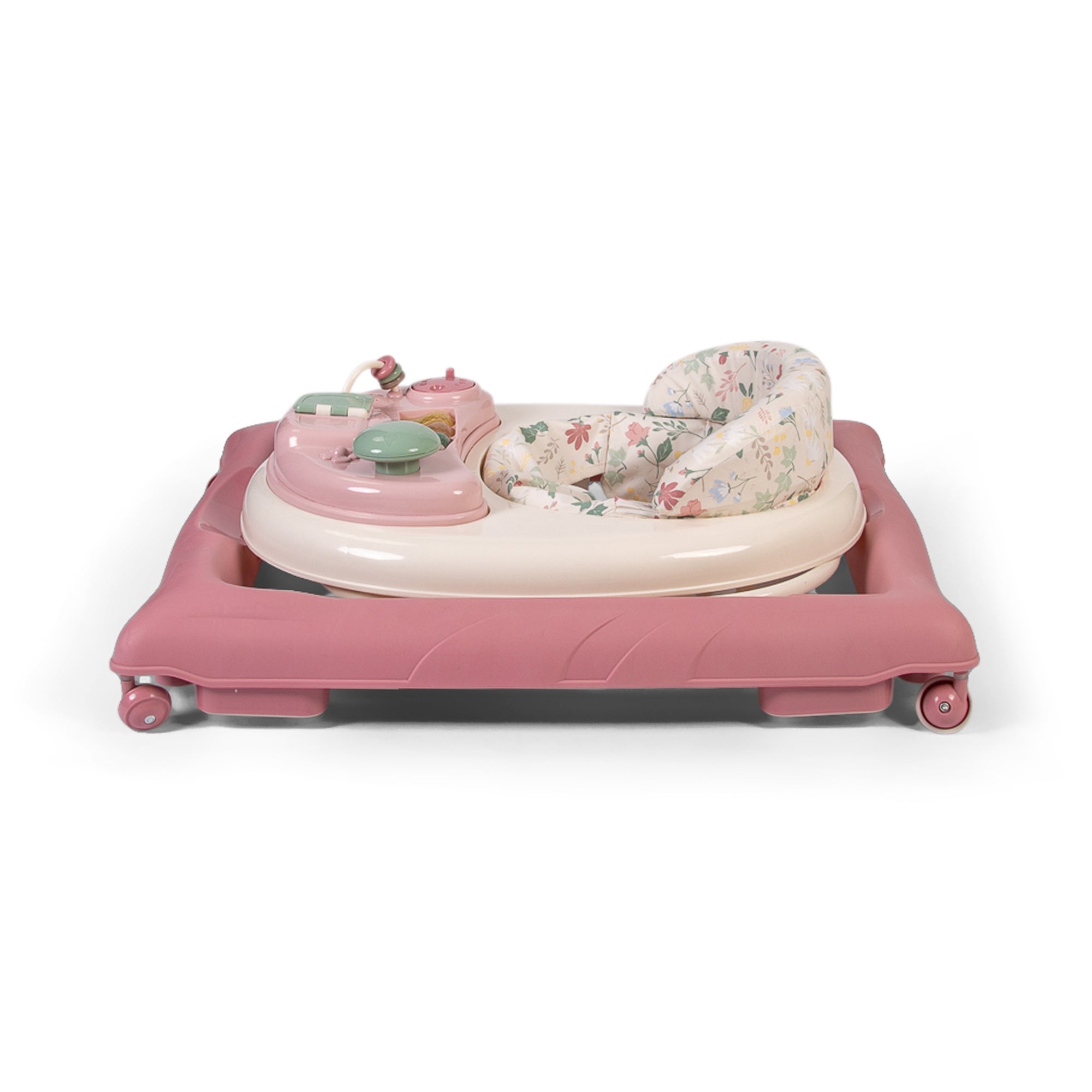 Pink baby walker with cushioned seat on a white background