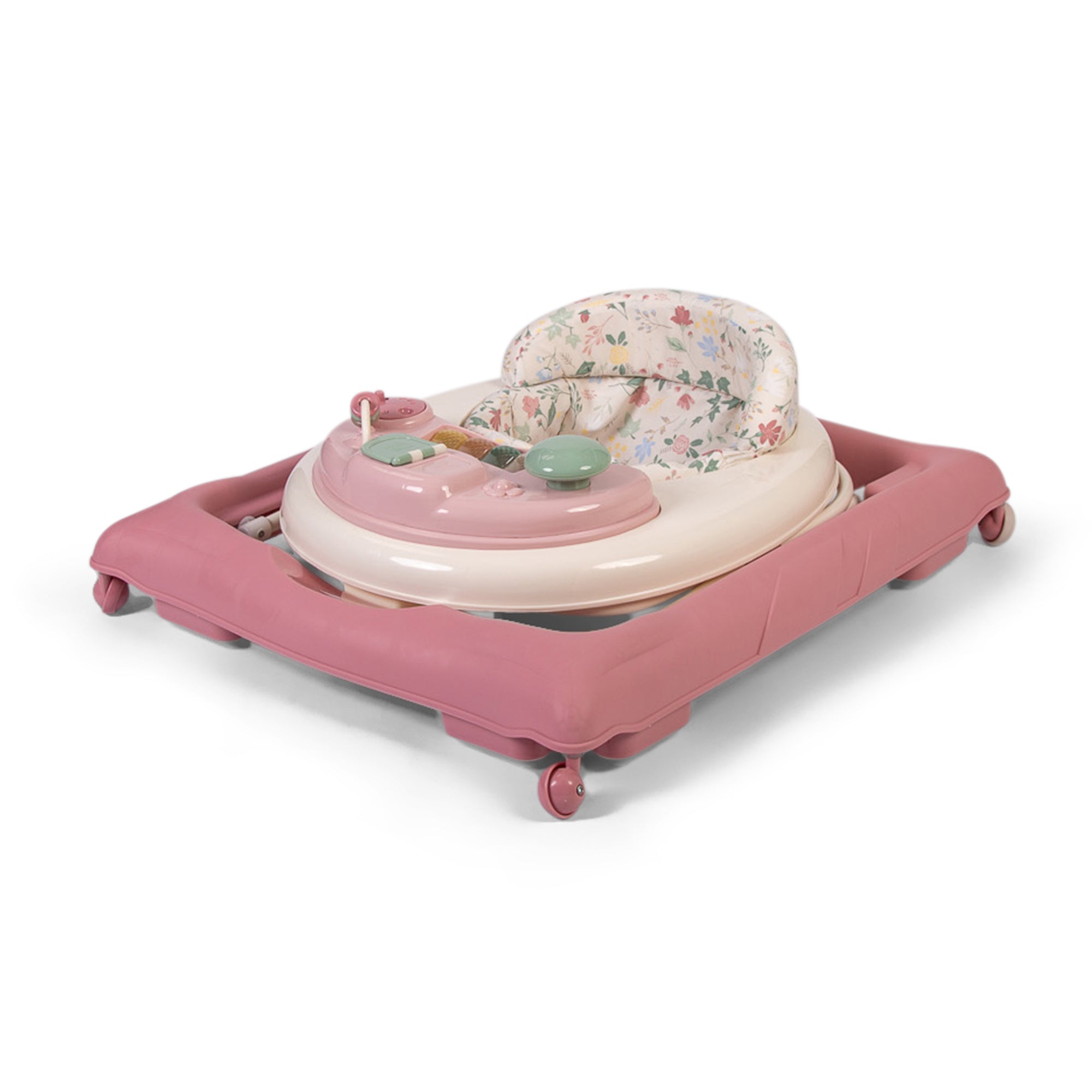 Pink baby walker with floral cushion on a white background