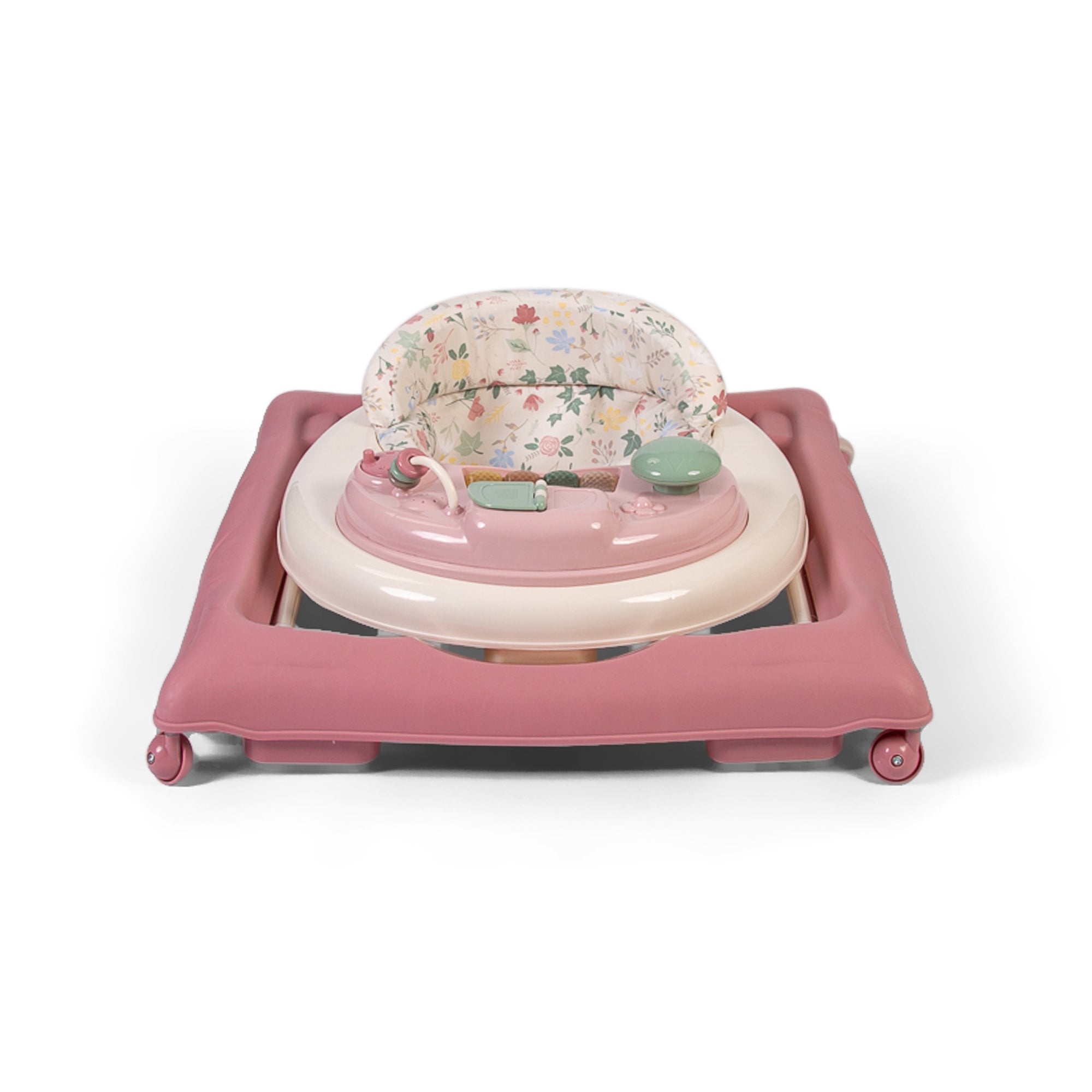 Pink baby walker with floral seat on a white background