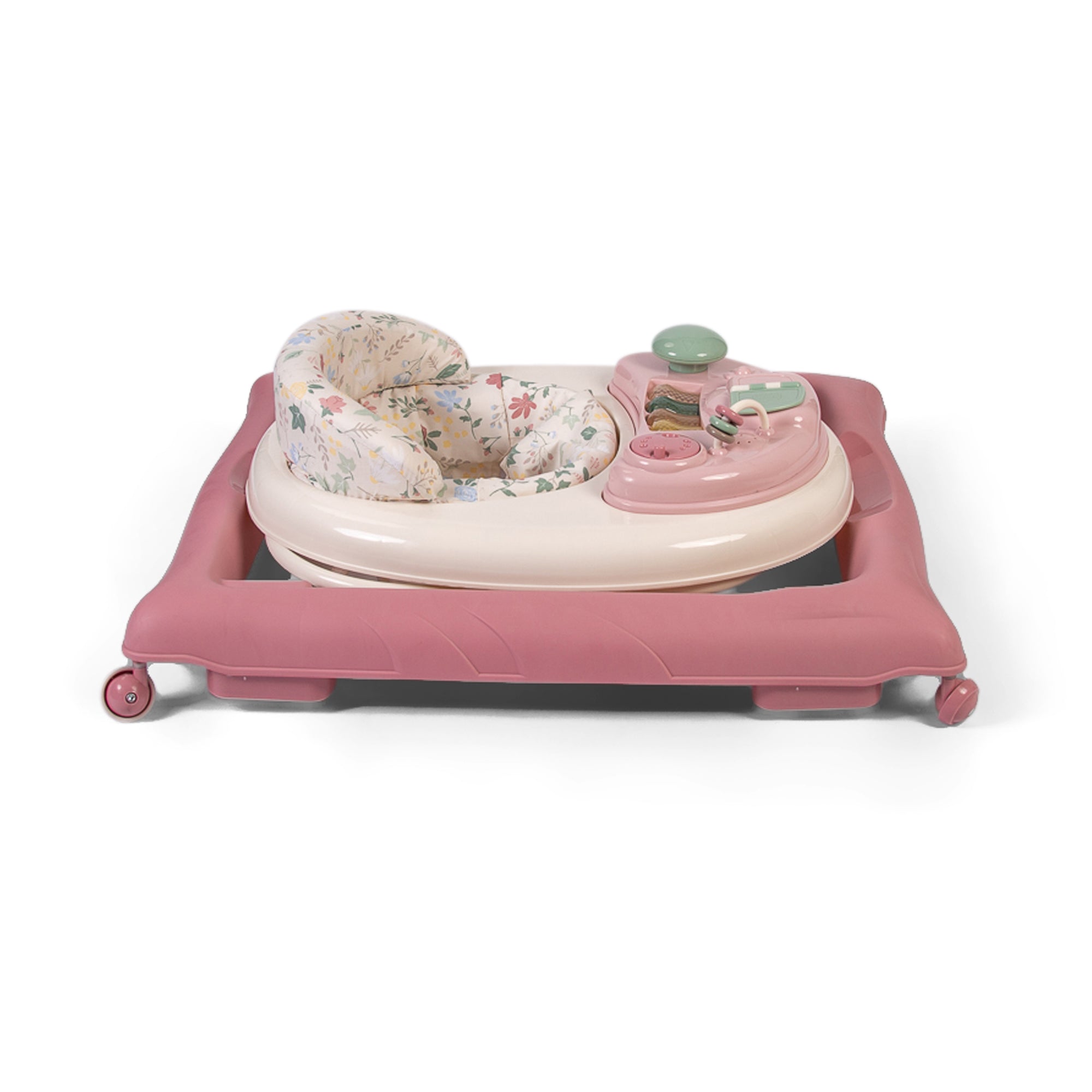 Pink baby walker with floral cushion on a white background