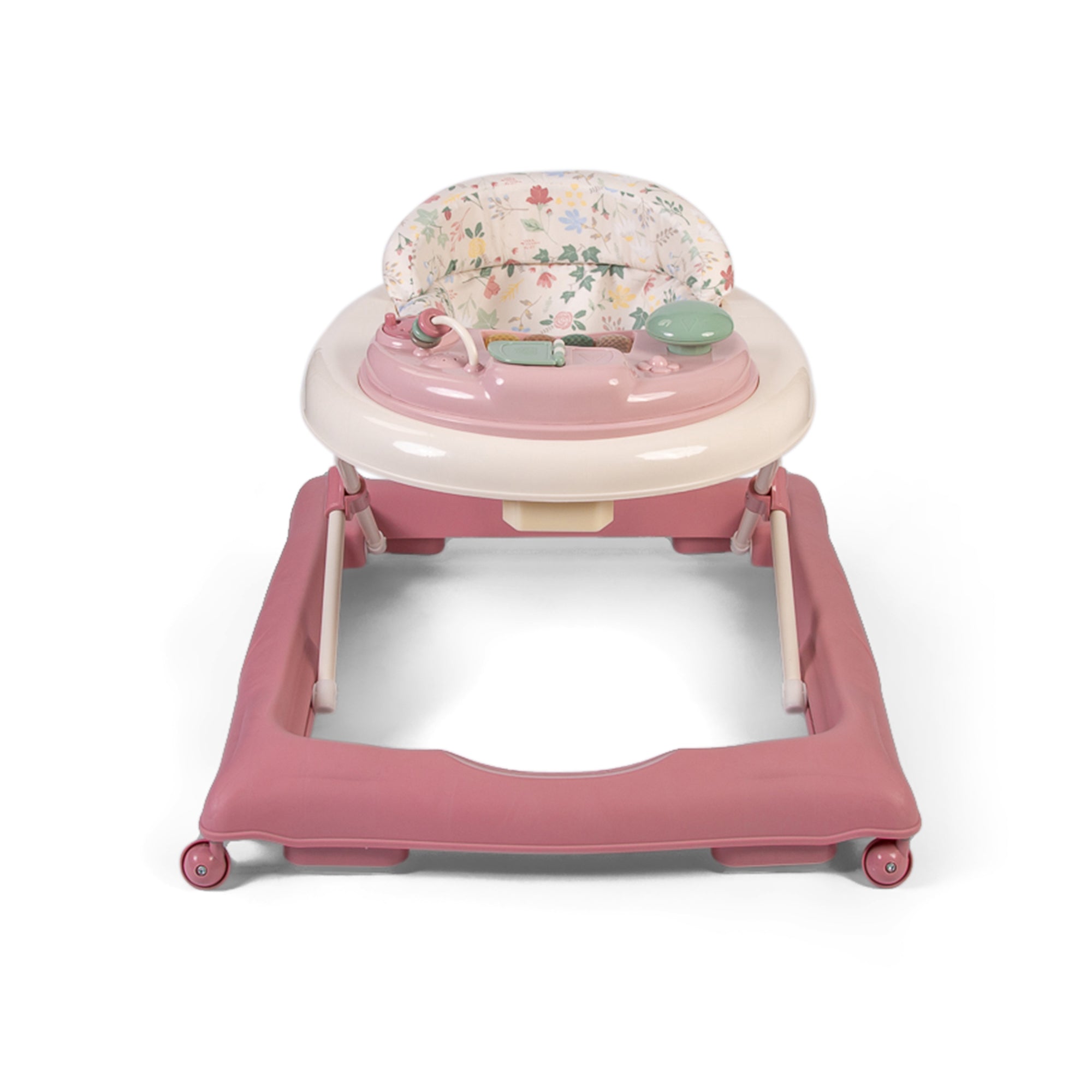 Pink baby walker with floral seat on a white background