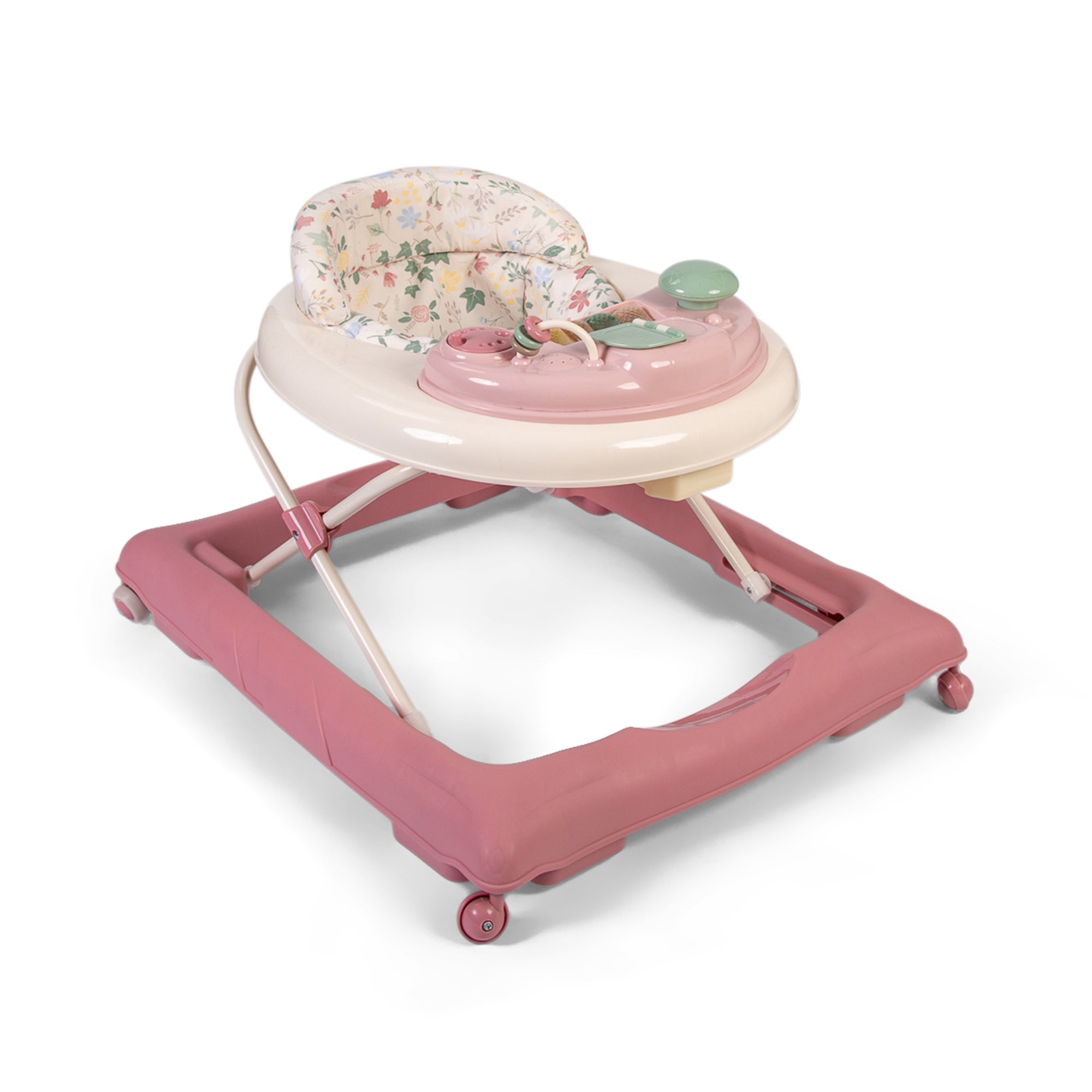 Pink baby walker with floral cushion on a white background
