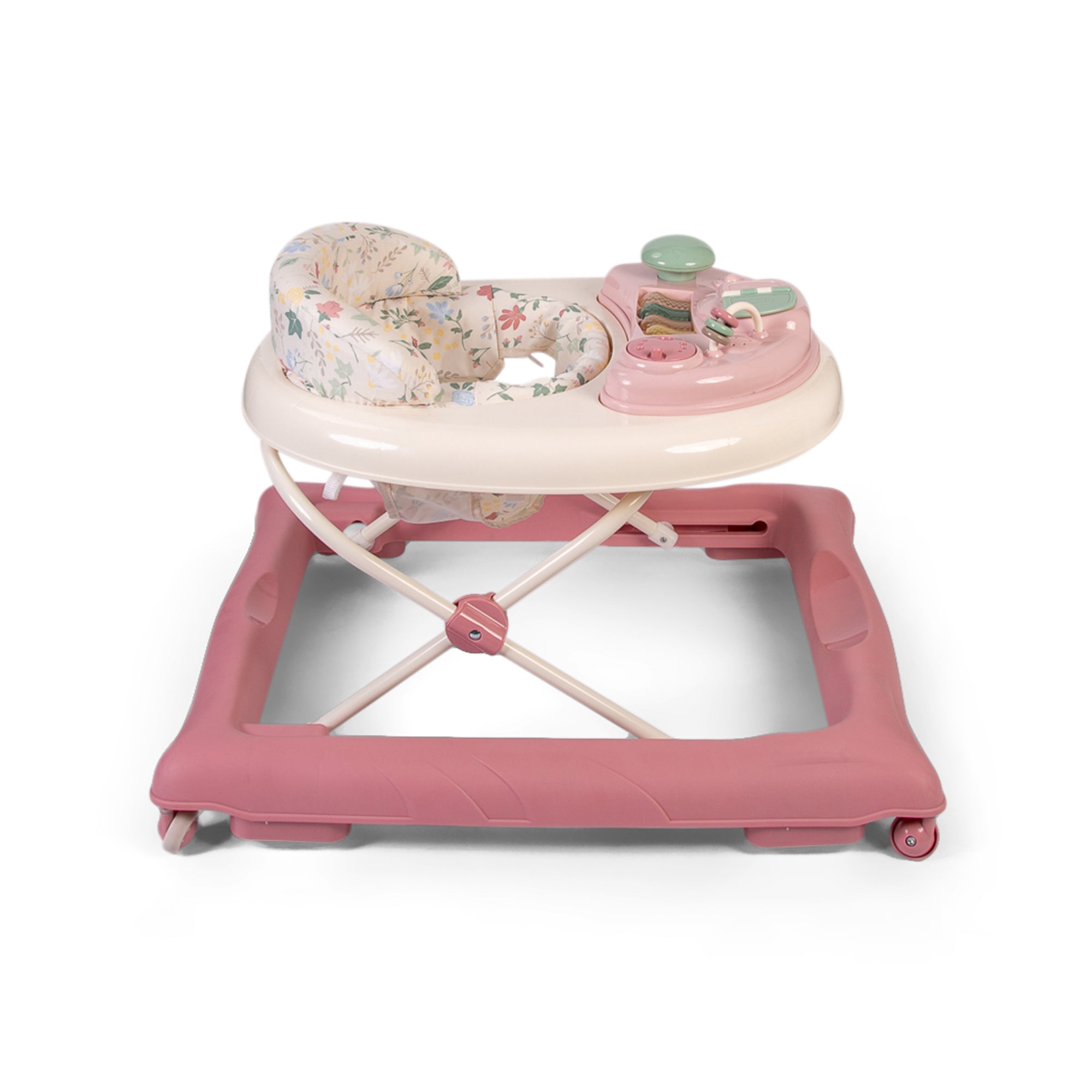 Pink baby walker with floral cushion on a white background
