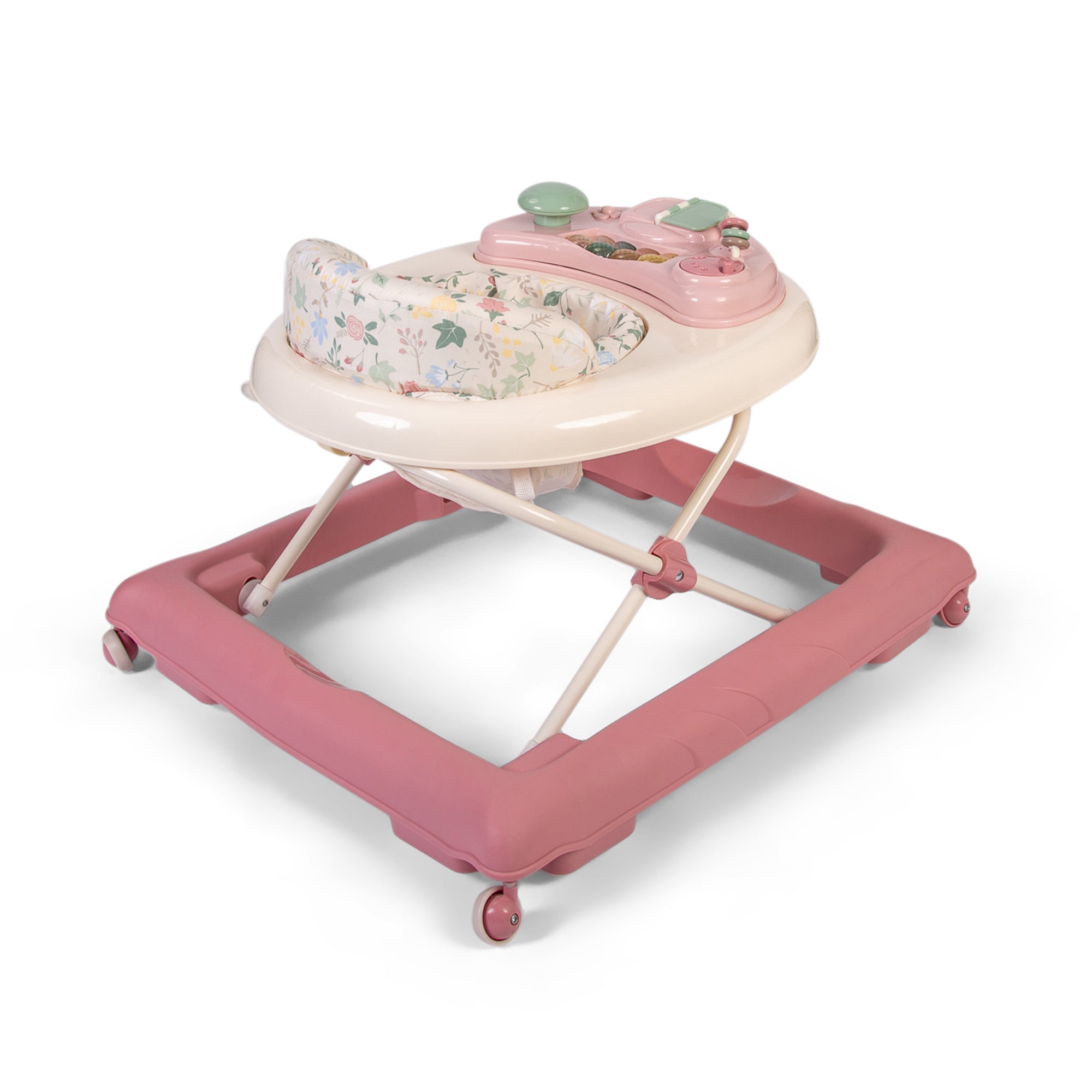 Pink baby walker with floral design on a white background