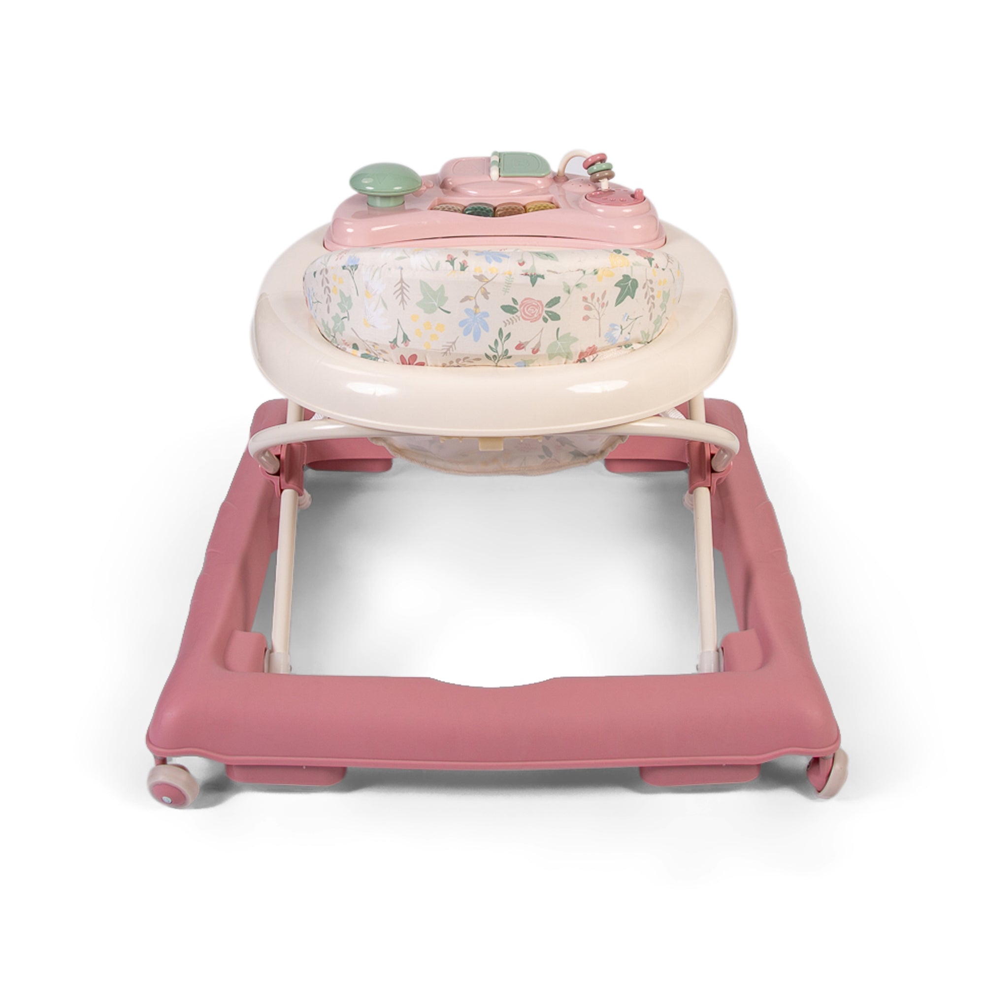 Pink baby walker with floral seat on a white background