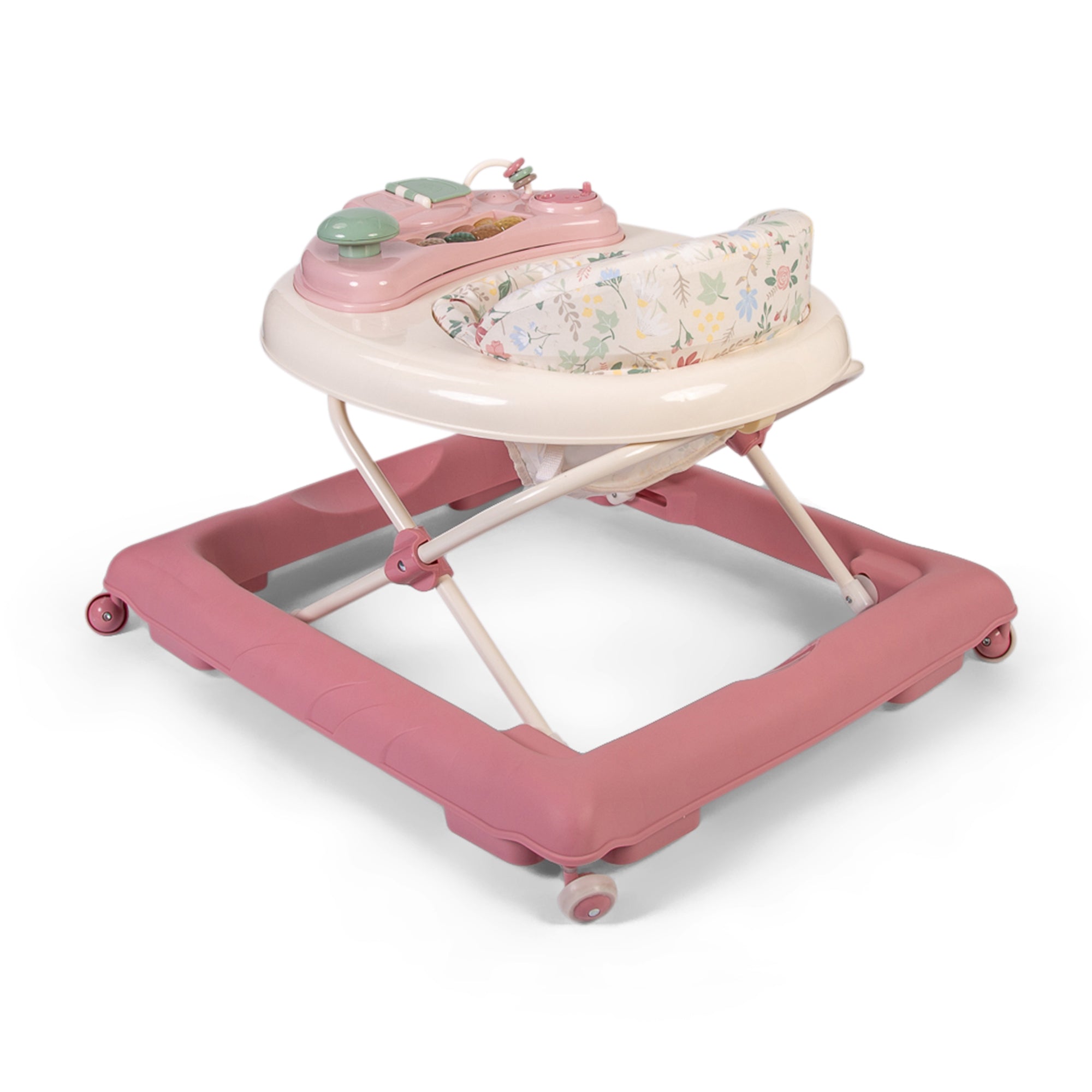 Pink baby walker with floral design on a white background