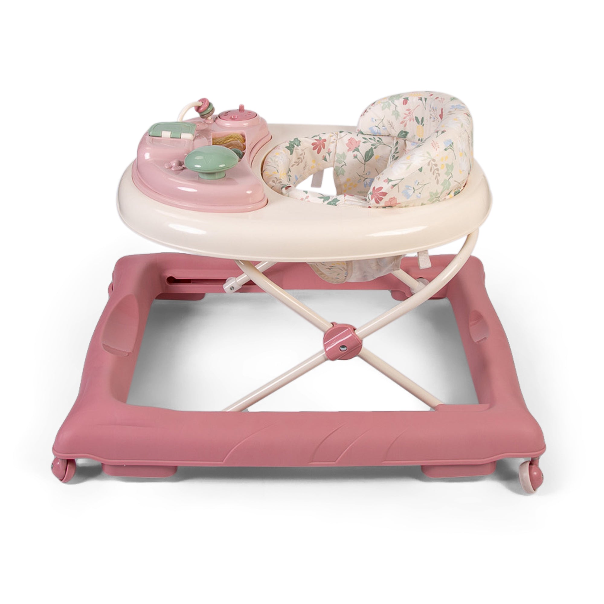 Pink baby walker with floral cushion on a white background