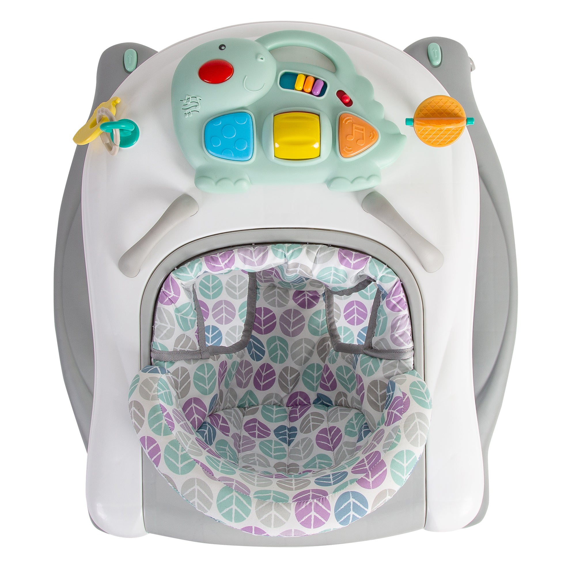 Baby activity center with colorful buttons and a leaf patterned seat cover on a white background
