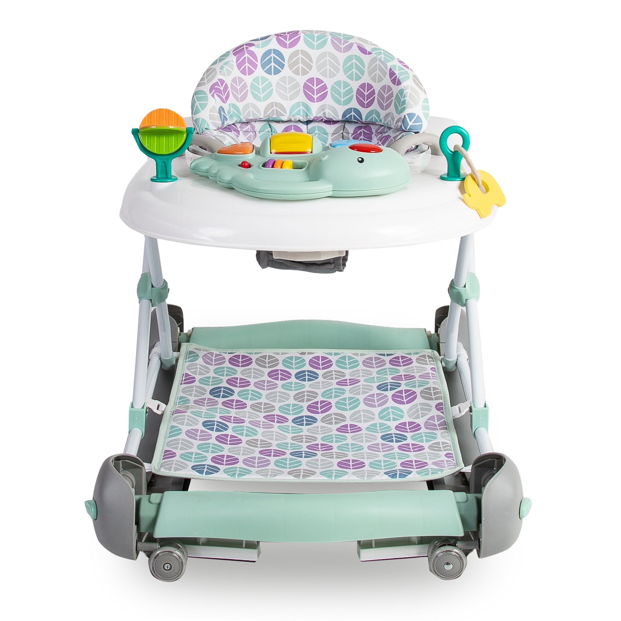 Baby walker with colorful toys and patterns on a white background