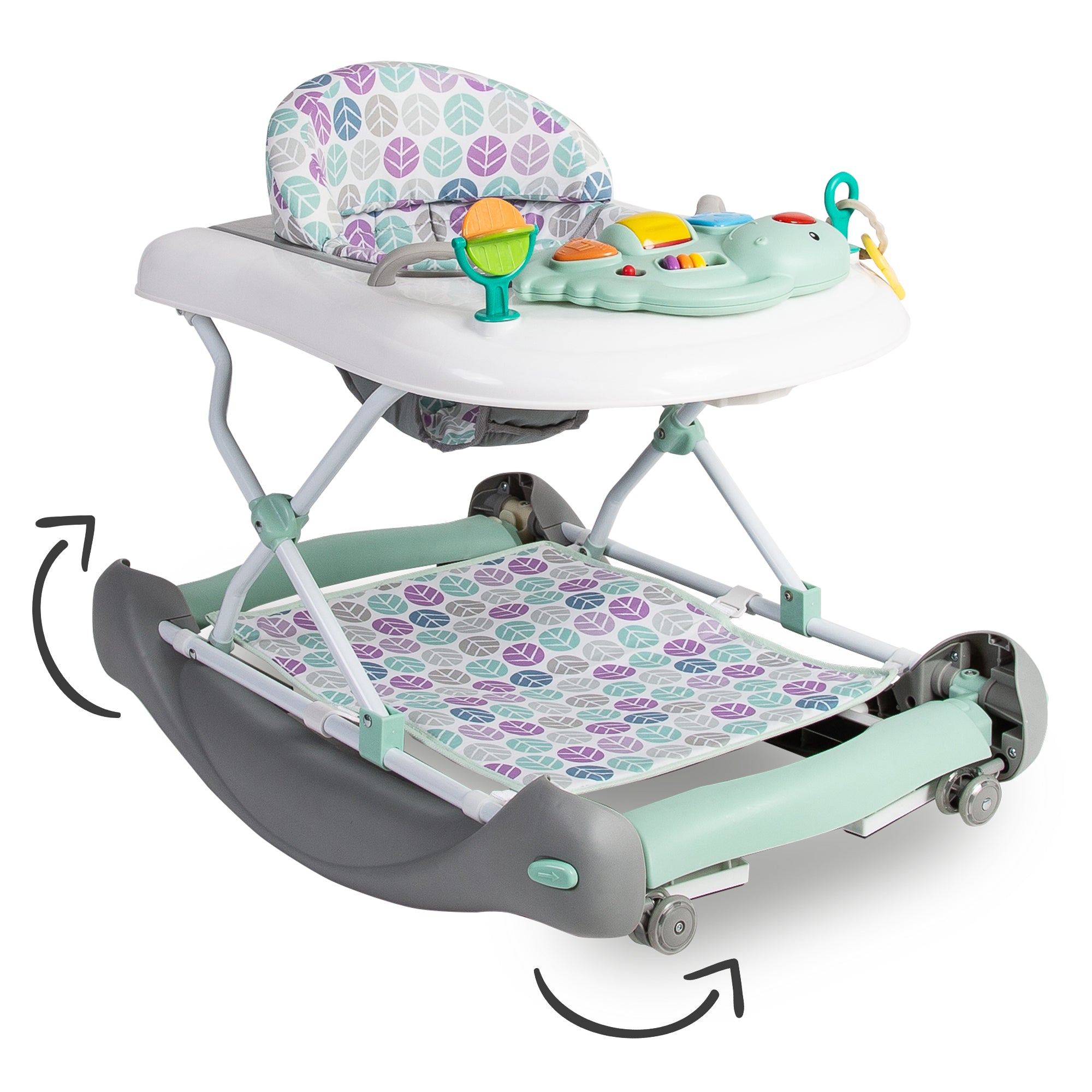 Baby walker with toys and cushion on a white background