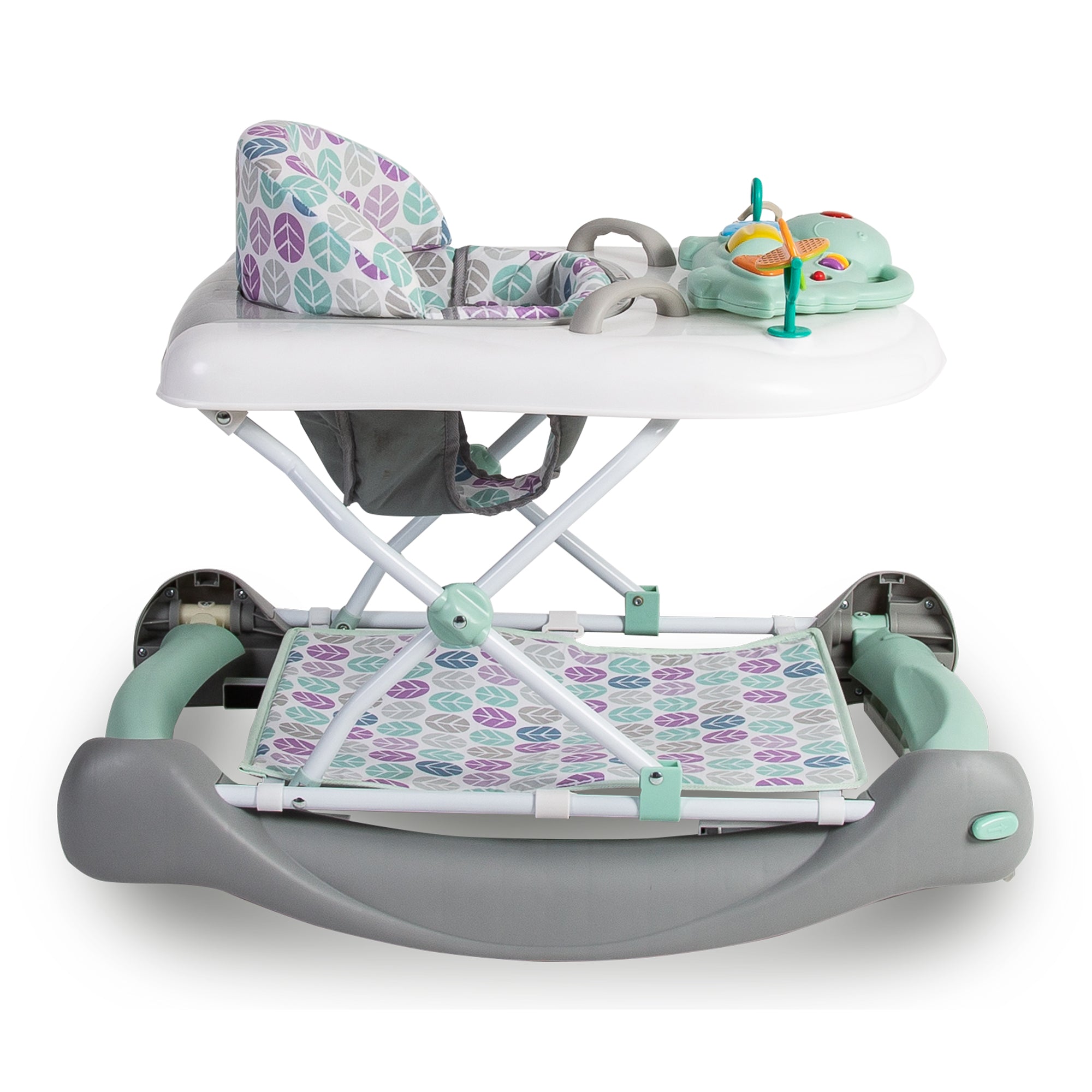 Baby walker with patterned seat and toys on a white background
