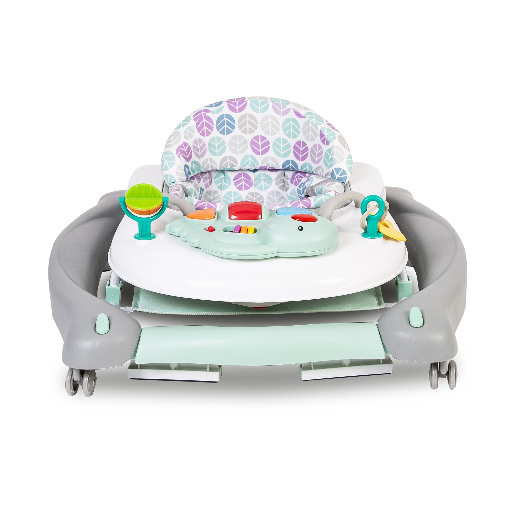 Baby walker with colorful toys on a white background