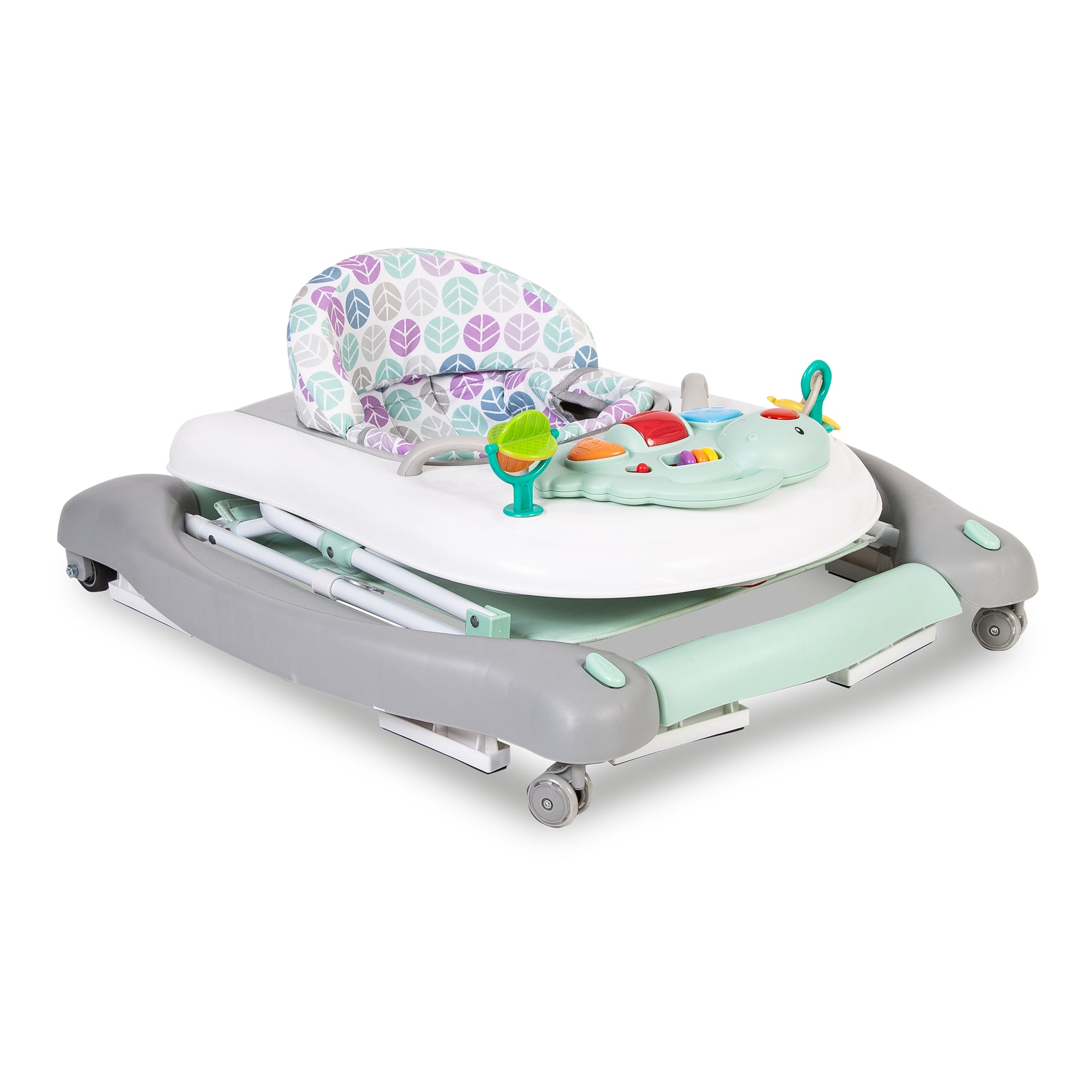 Baby walker with colorful toy and patterned seat on a white background