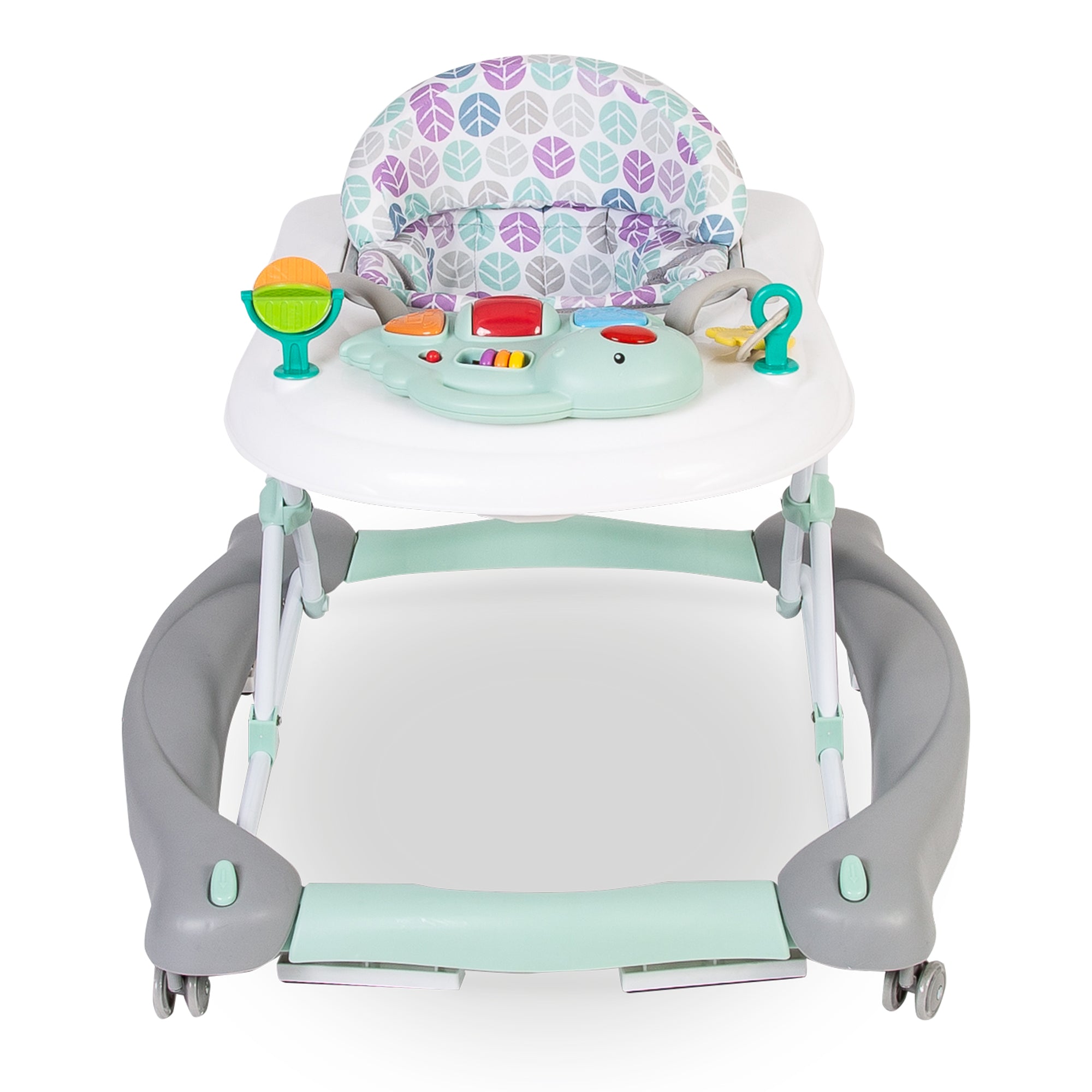 Baby walker with colorful seat and toys on a white background