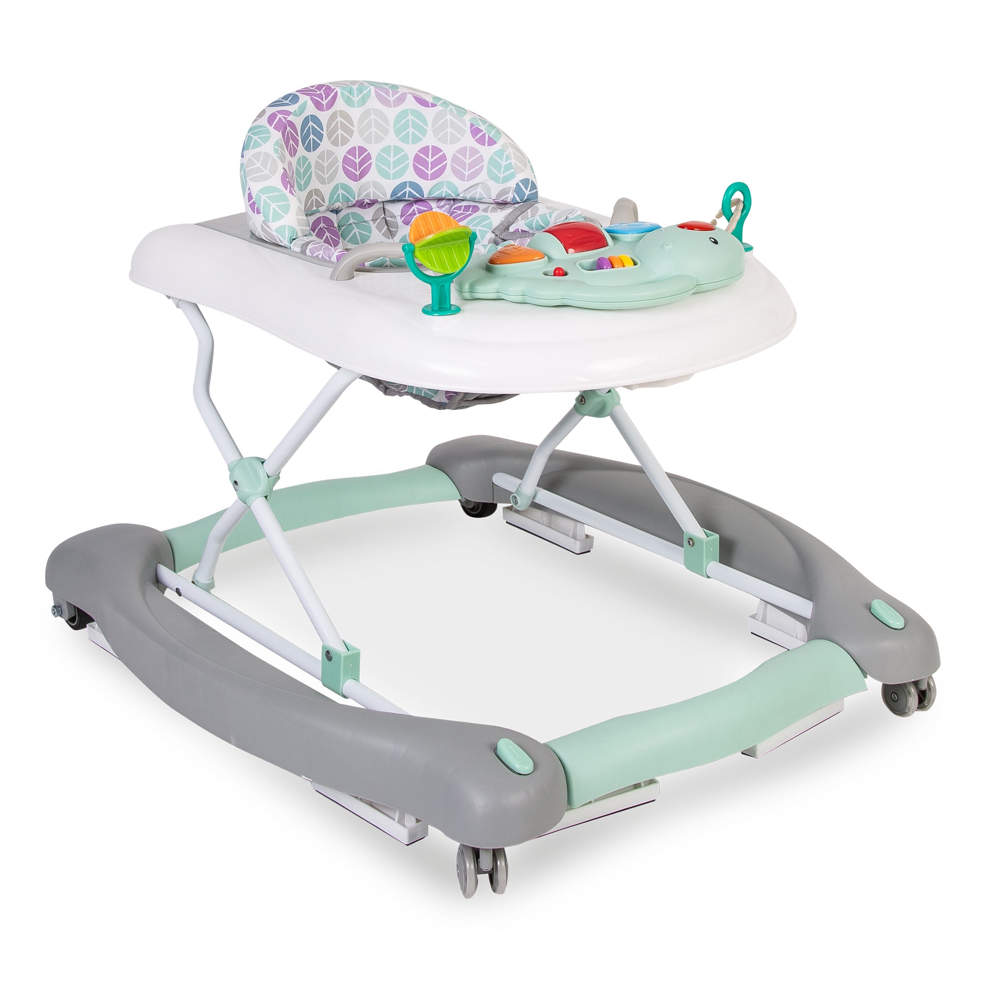 Baby walker with colorful toy tray on a white background