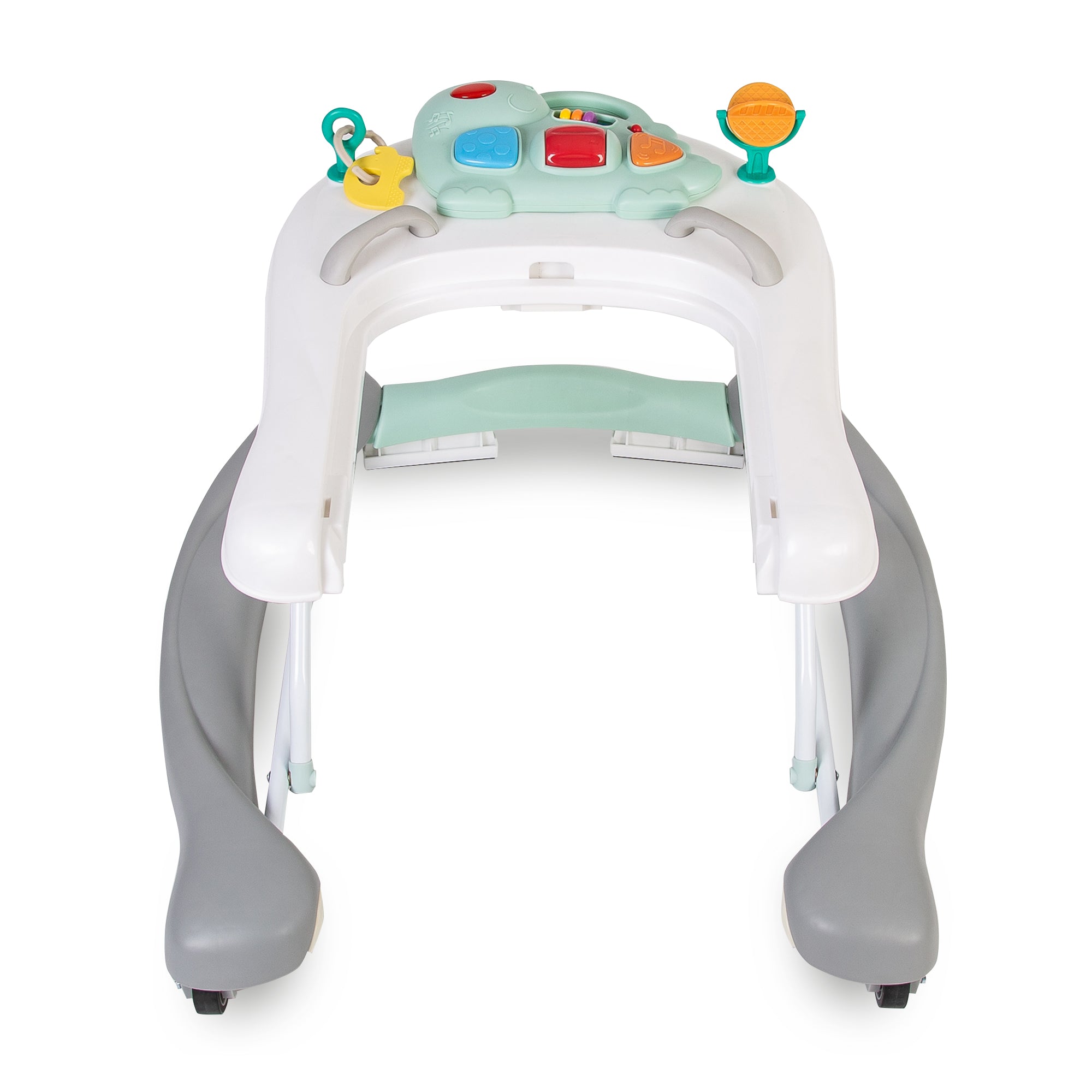 Baby walker with colorful toy panel on a white background