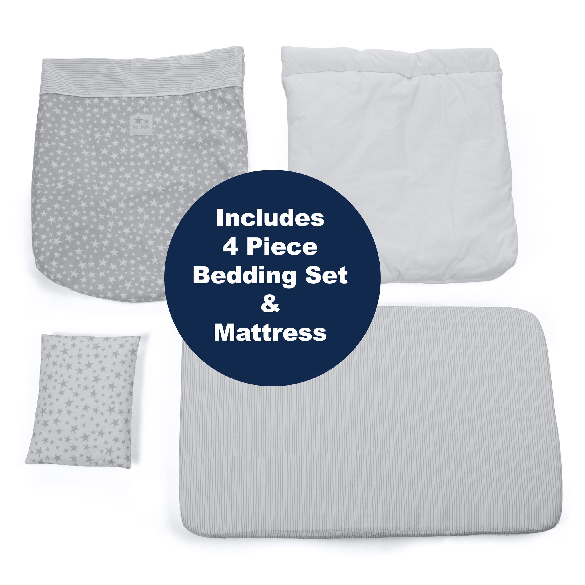 4-piece bedding set with mattress on a white background