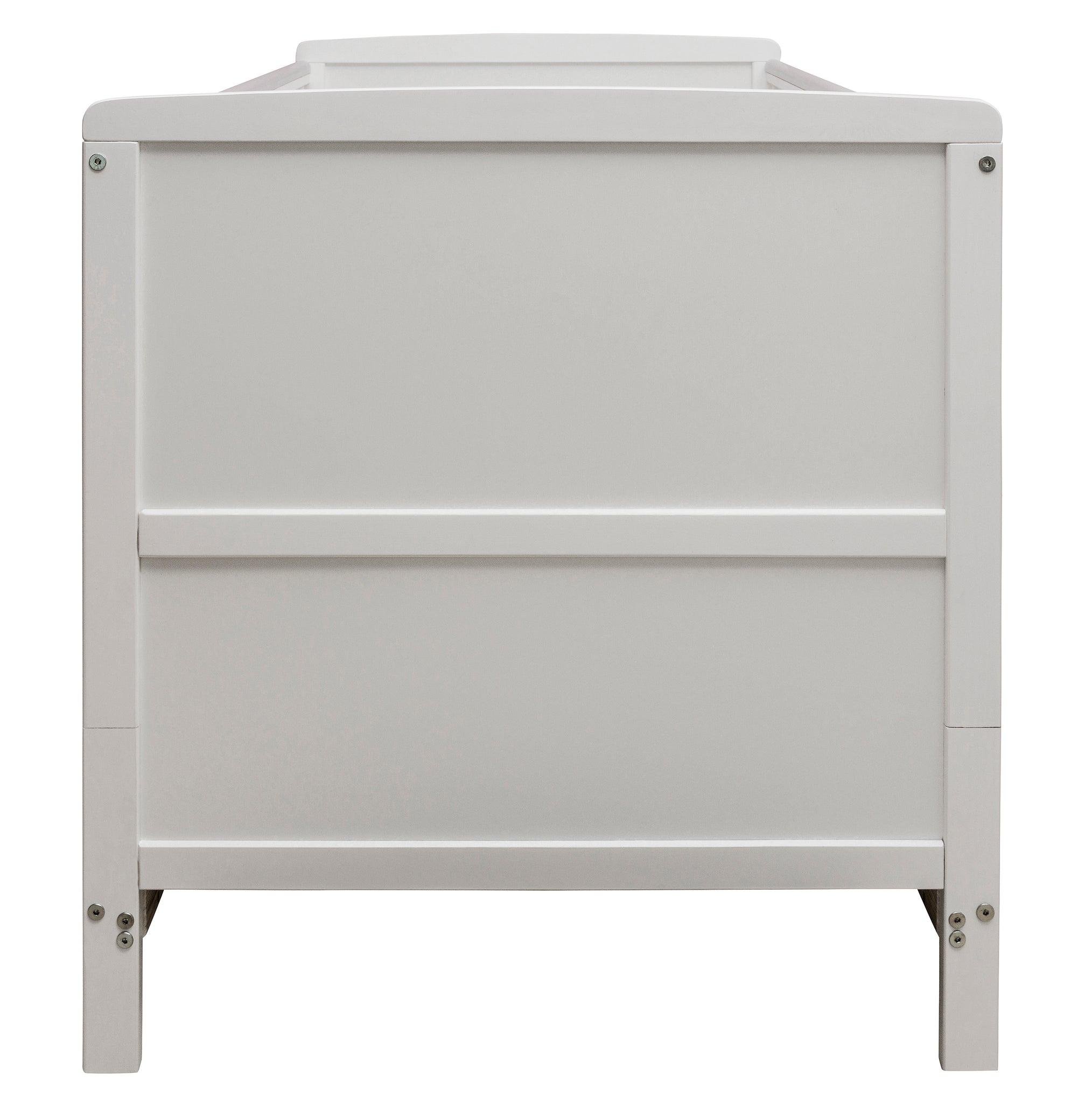 White cot with a white mattress on a white background