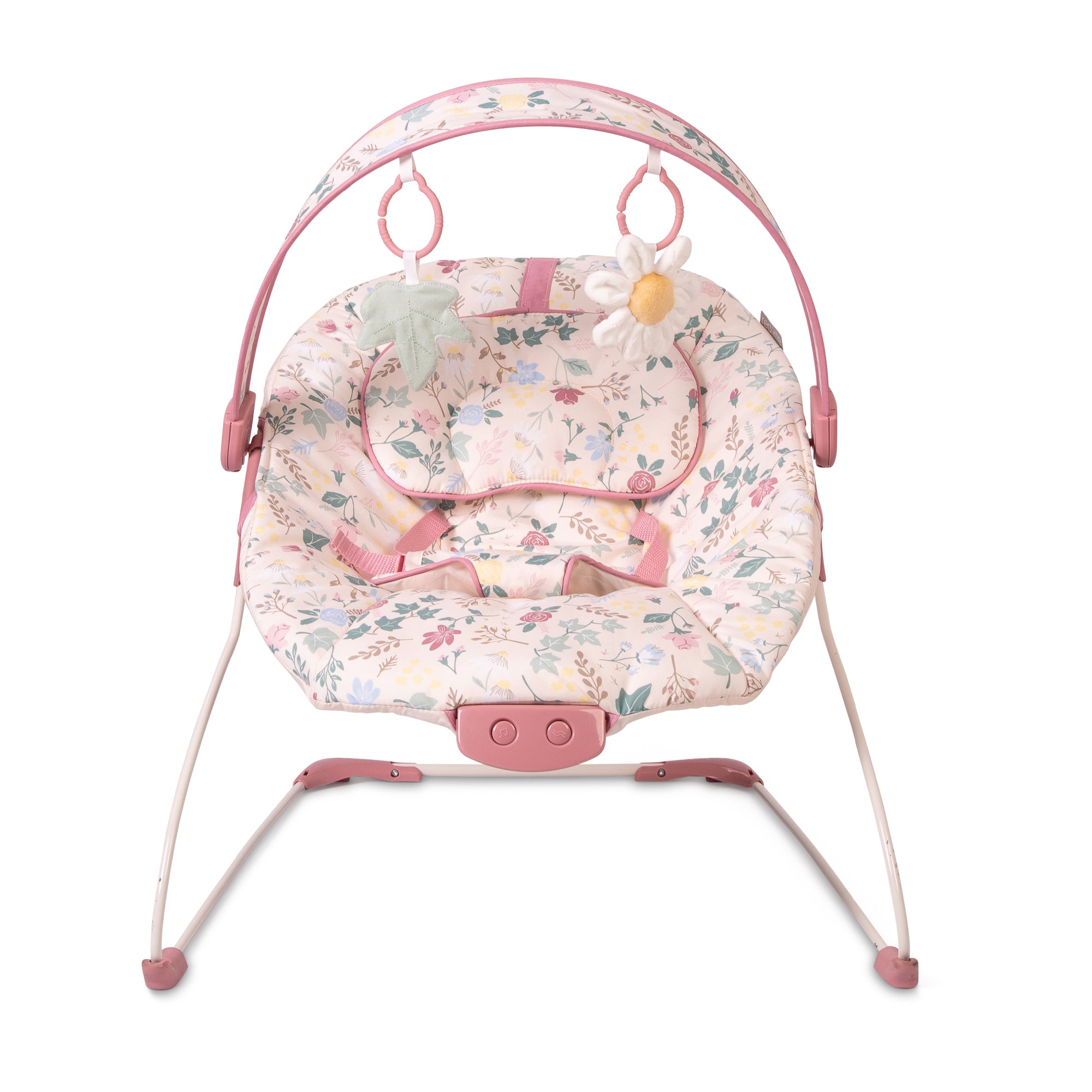 Floral-patterned baby bouncer with pink accents on a white background