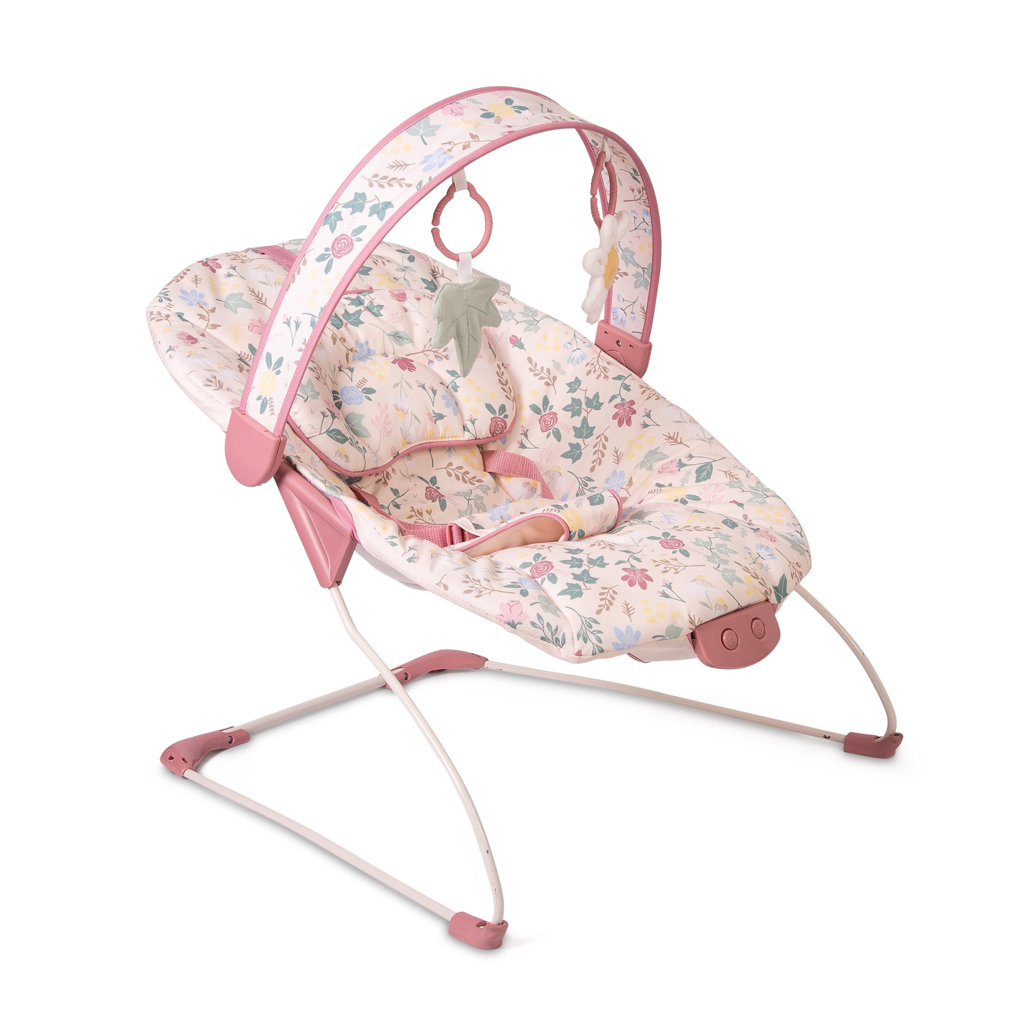 Floral-patterned baby bouncer with pink accents on a white background