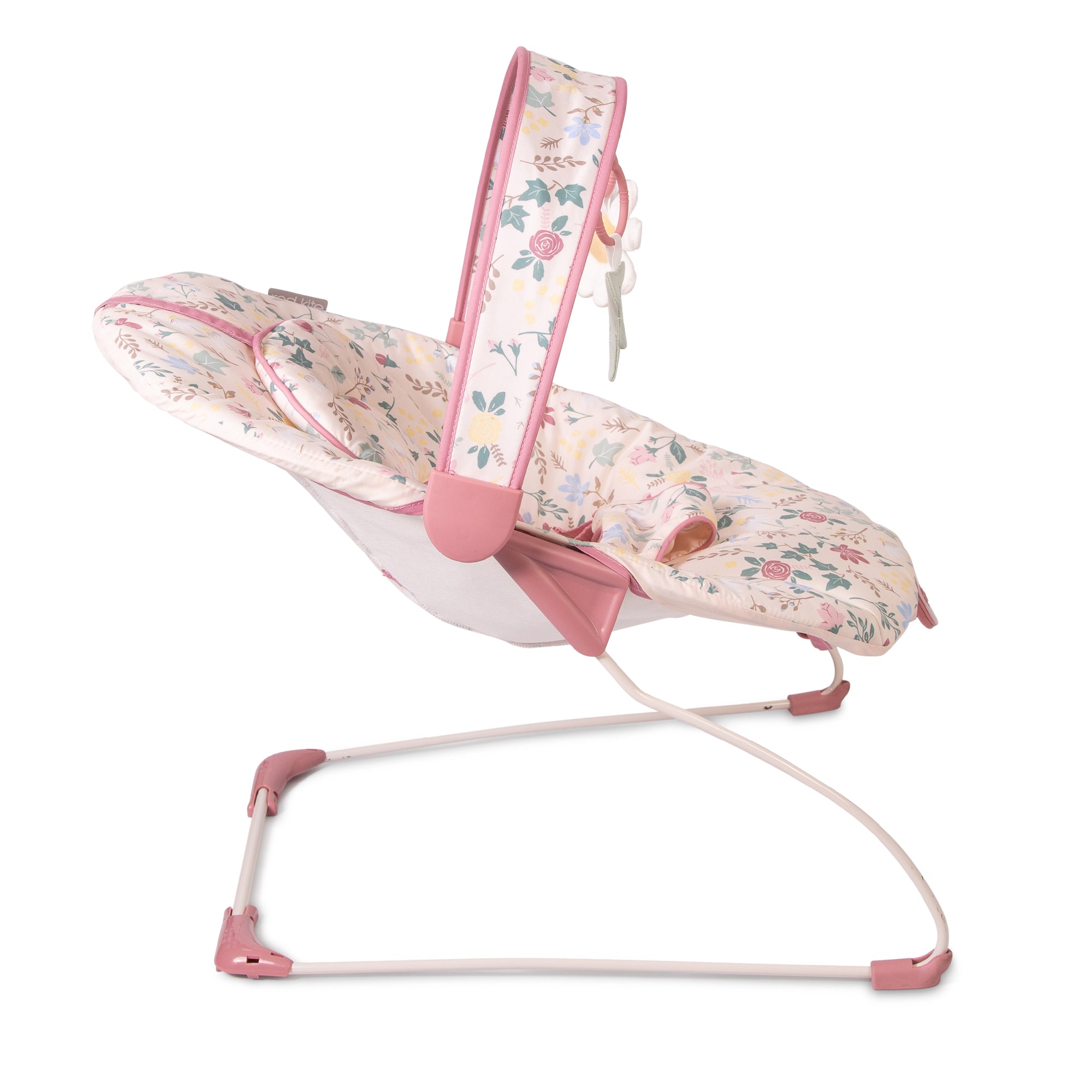 Baby bouncer with floral pattern on a white background