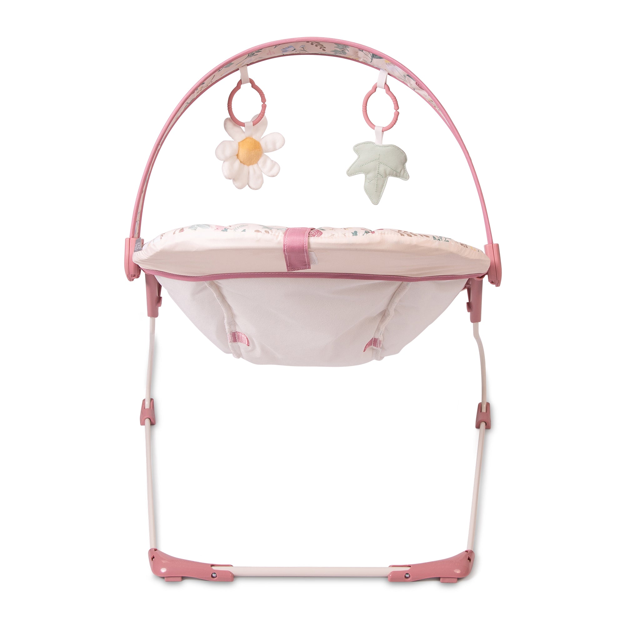 Pink baby bouncer with floral design on a white background