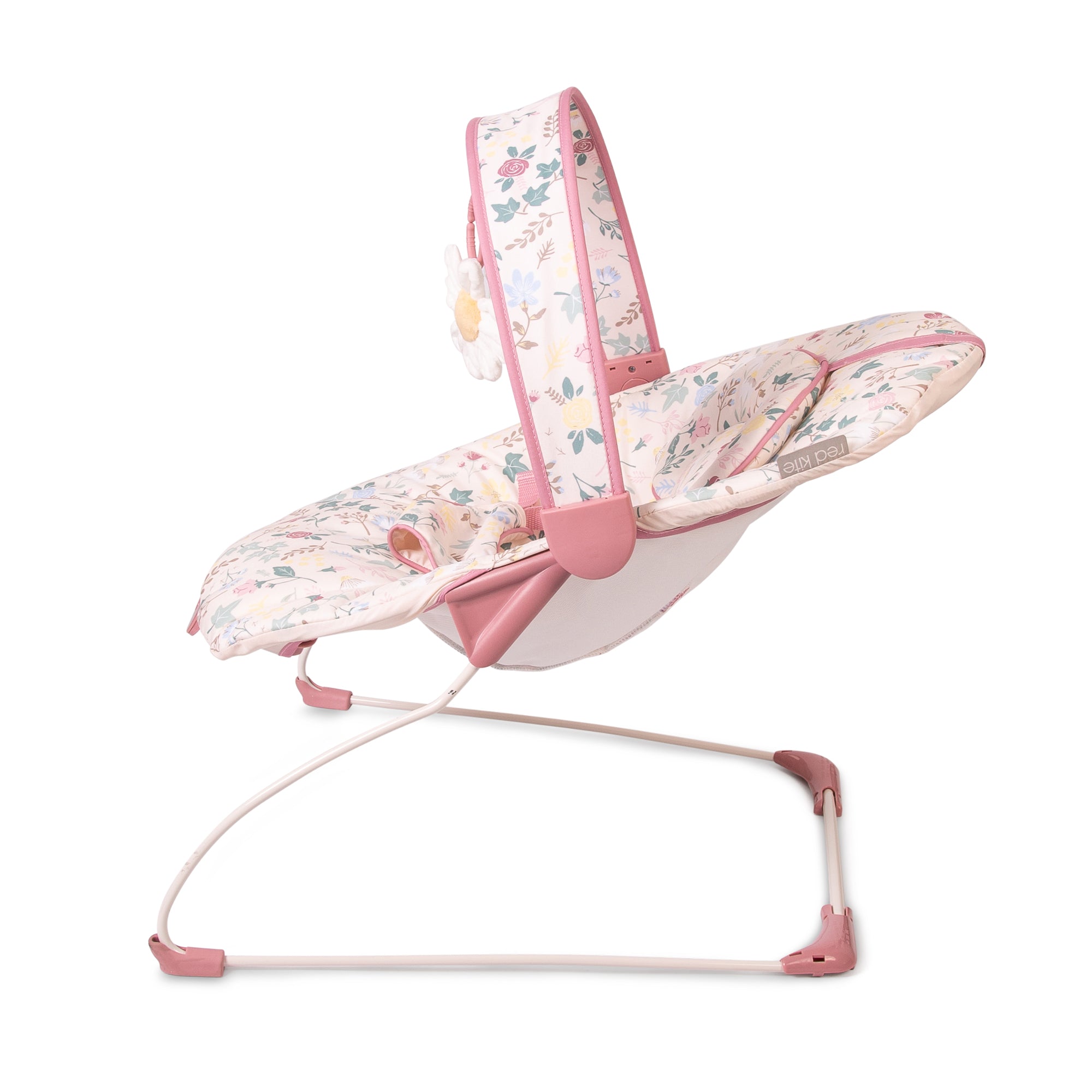 Floral-patterned baby bouncer with pink accents on a white background