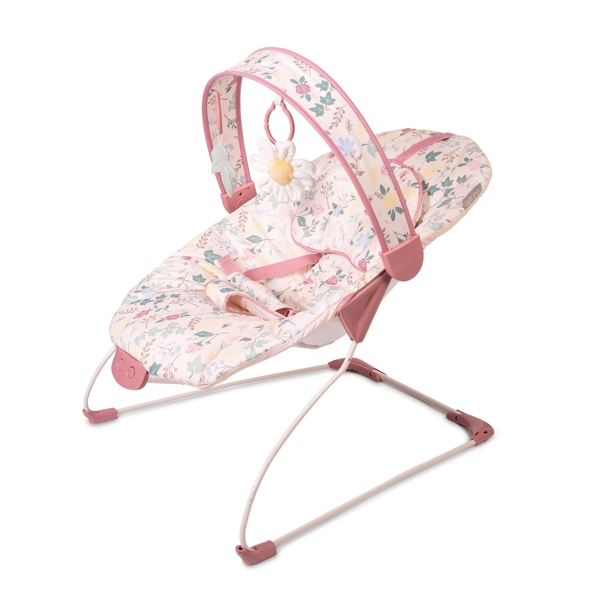 Floral-patterned baby bouncer with pink accents on a white background