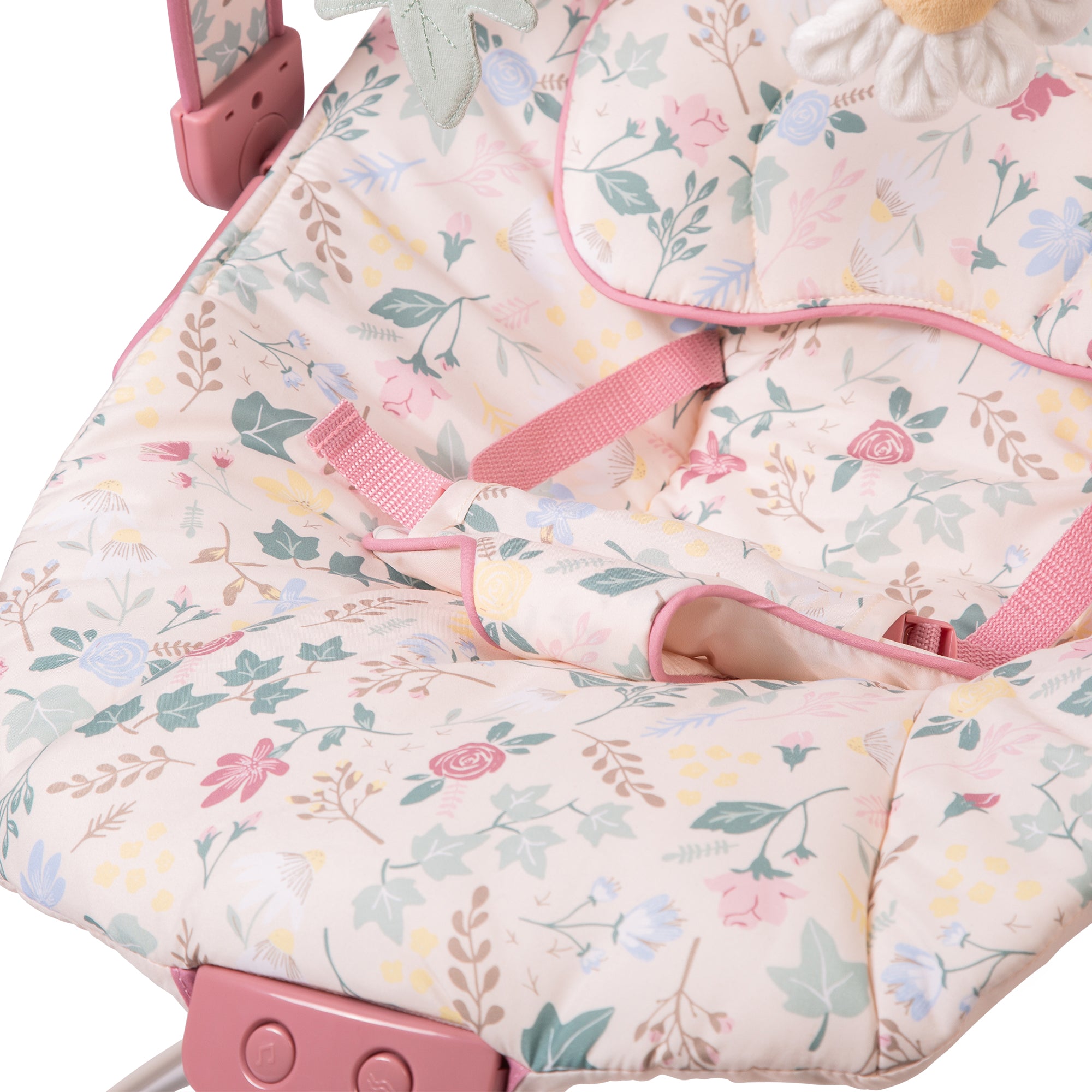 Floral-patterned baby bouncer with pink accents on a white background