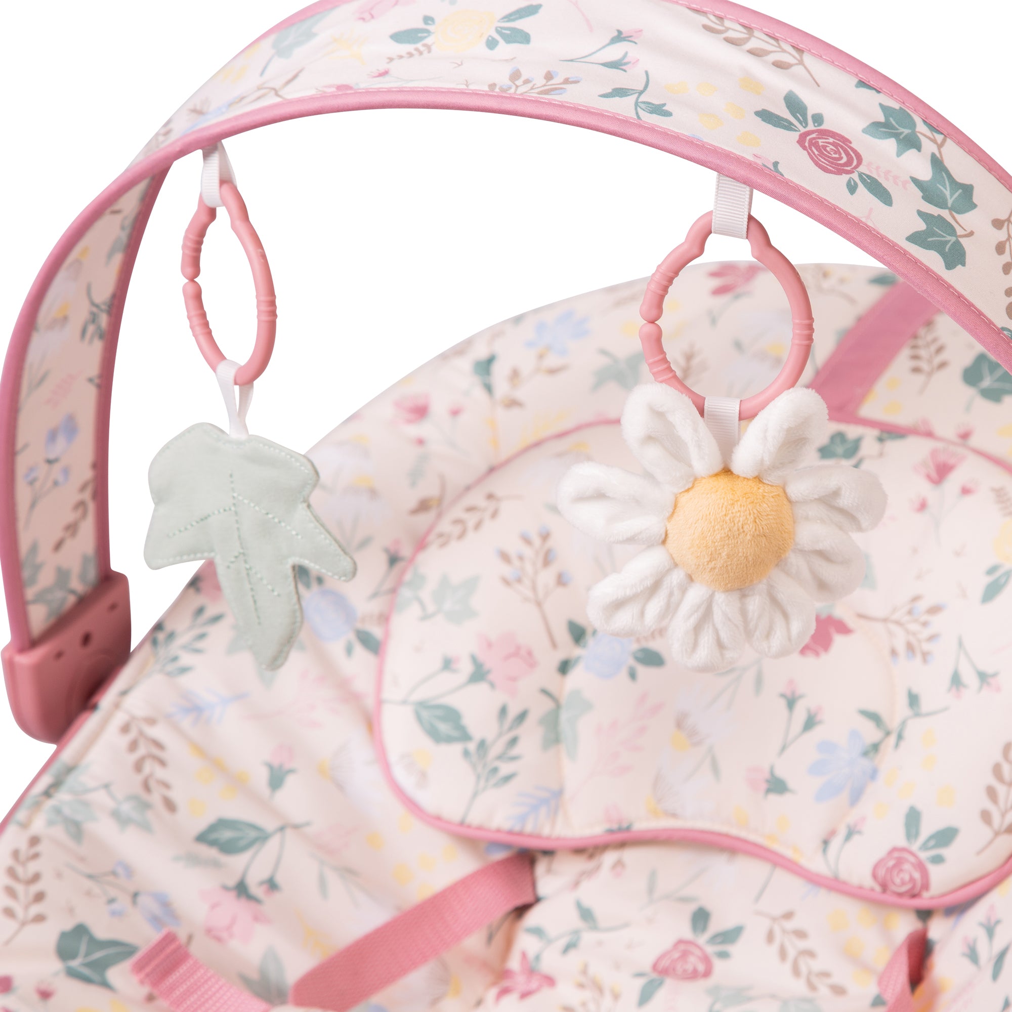 Floral-patterned baby bouncer with hanging toys on a white background
