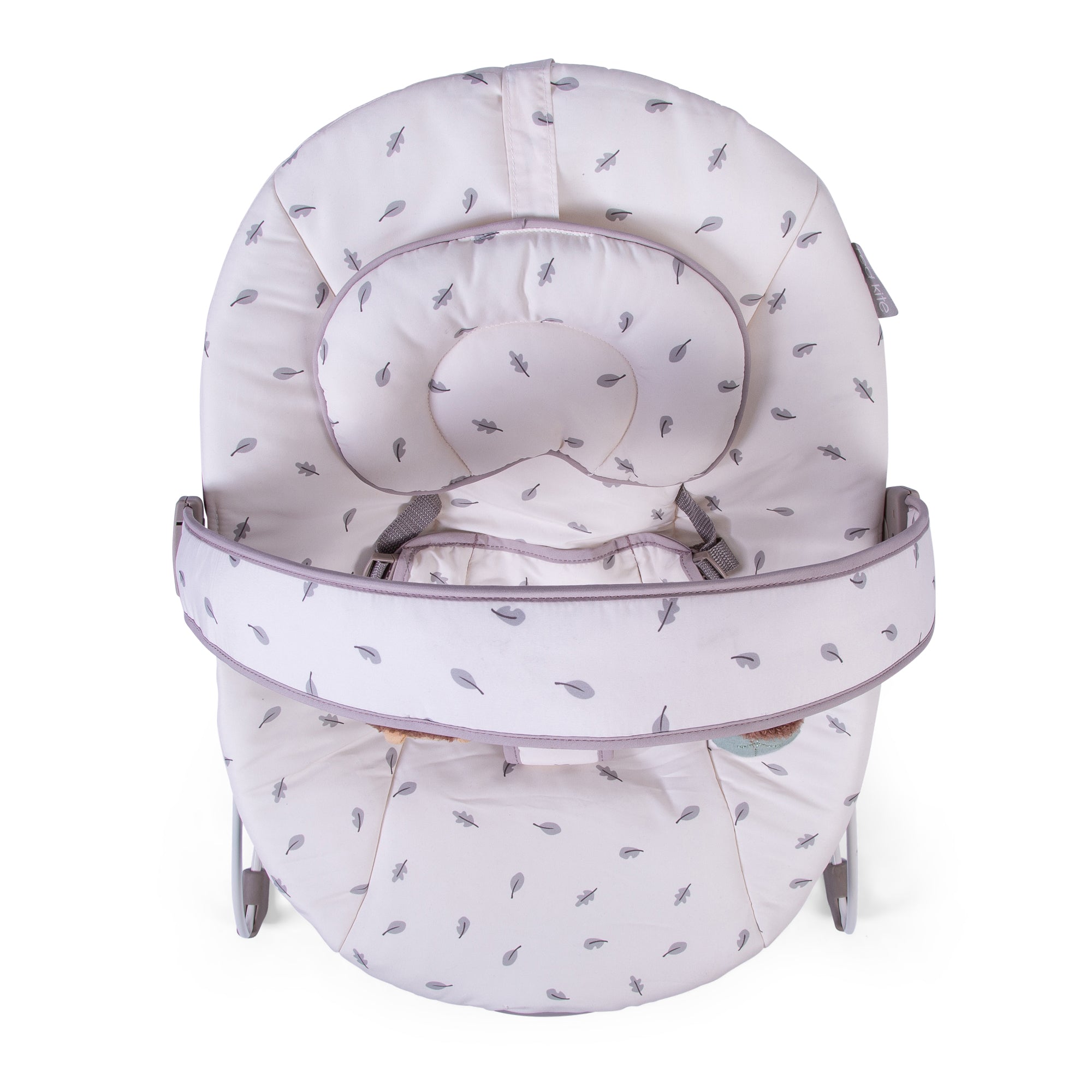 Baby bouncer with leaf pattern on a white background