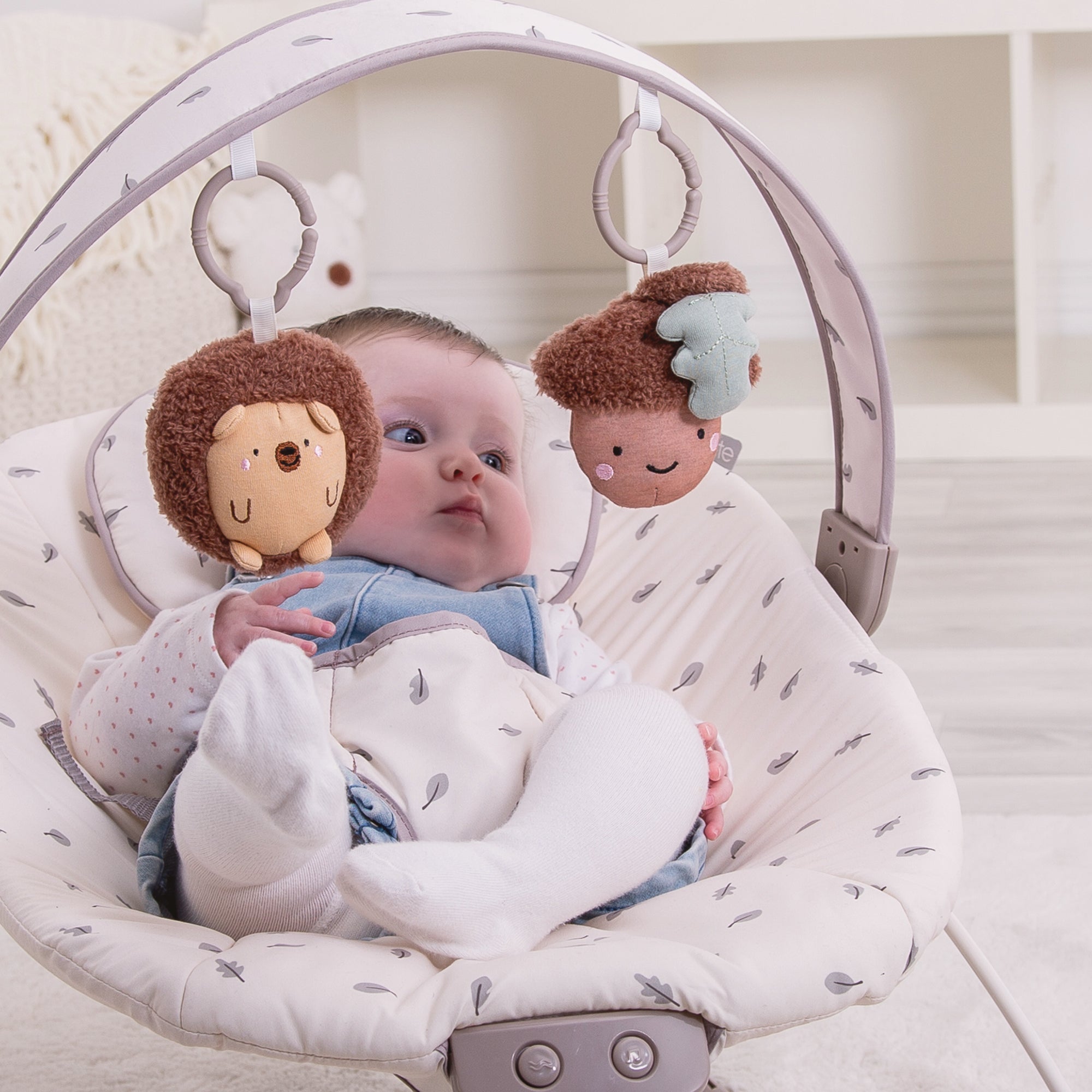 Baby in a bouncer with hedgehog-shaped toys