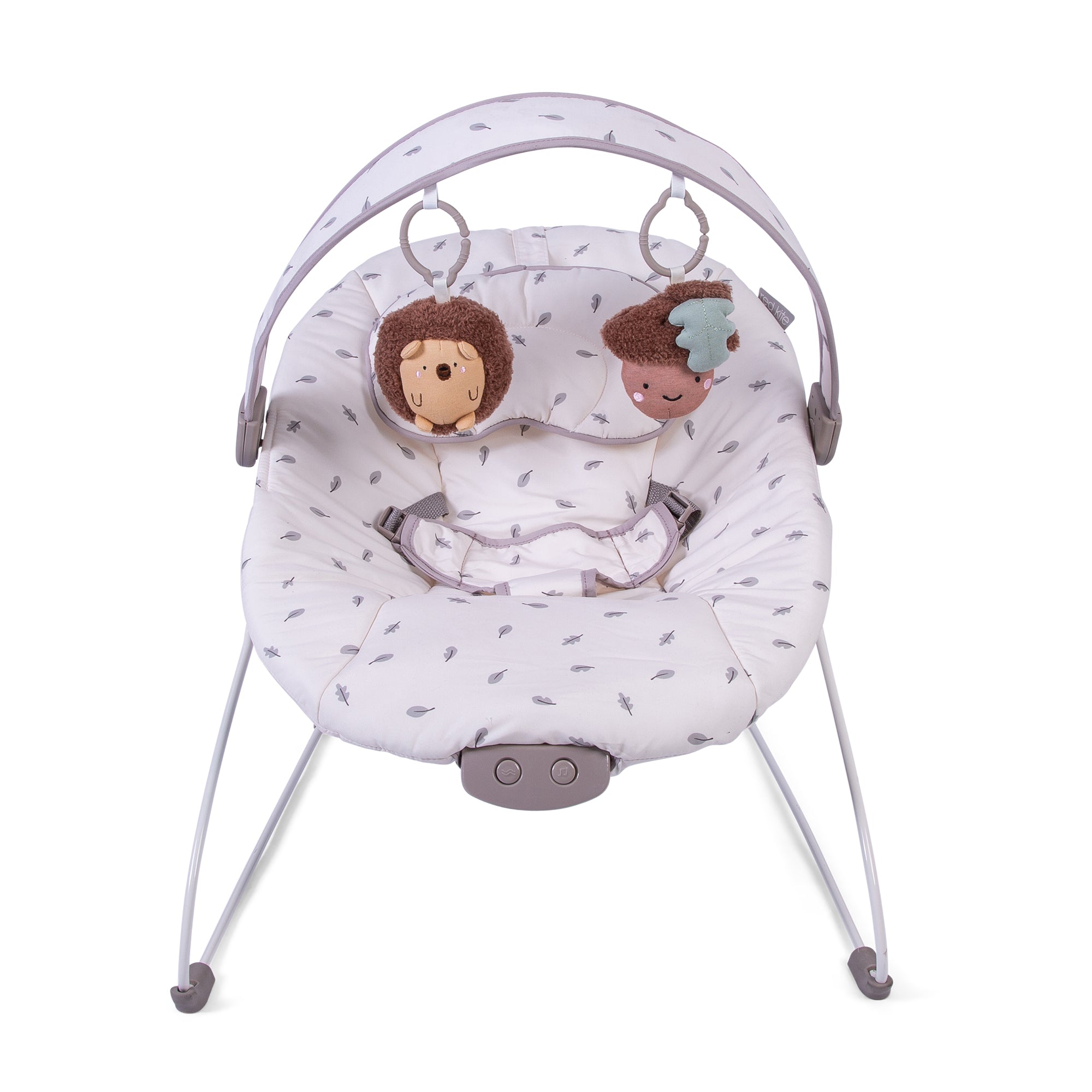 Baby bouncer with plush toys on a white background