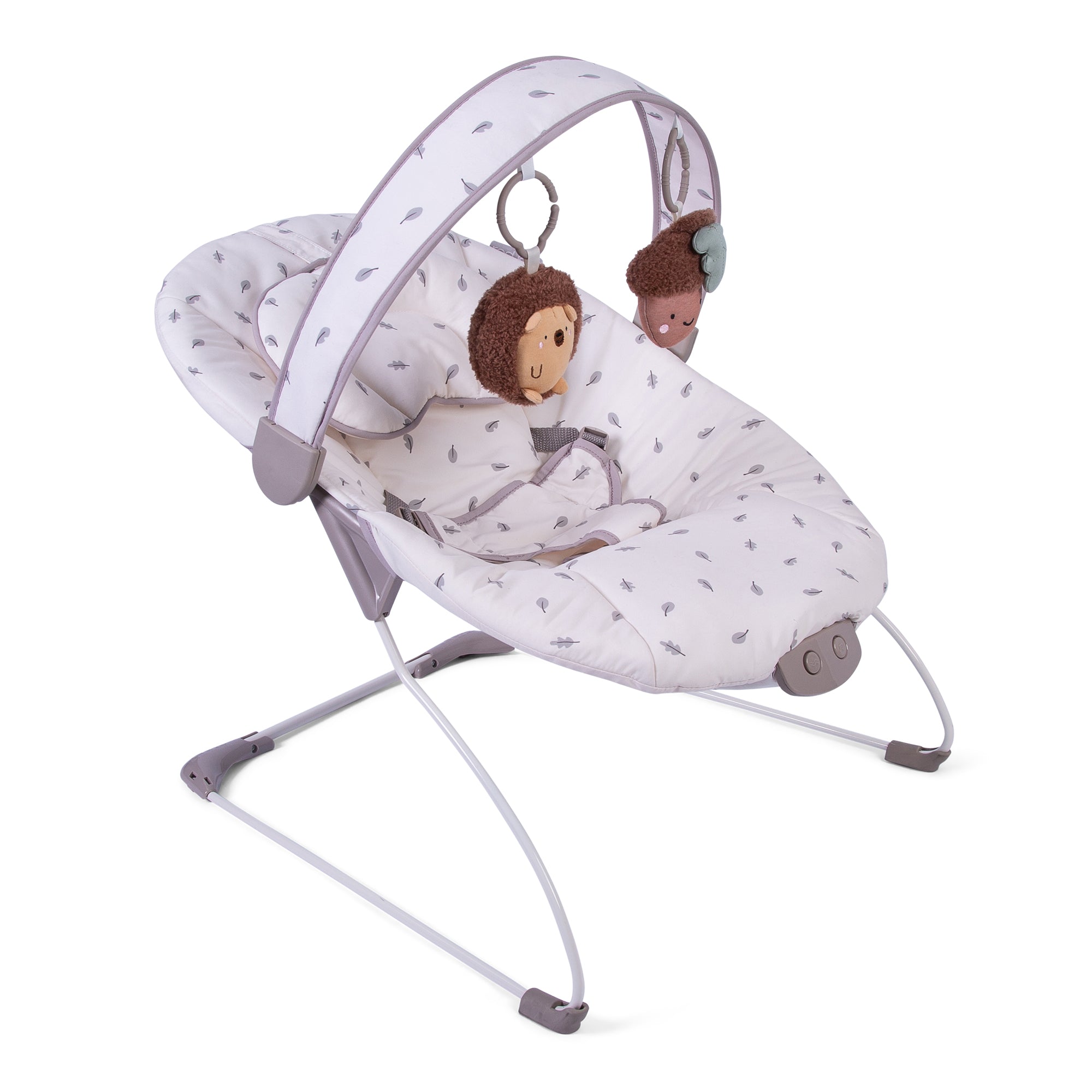 Baby bouncer with plush toys on a white background