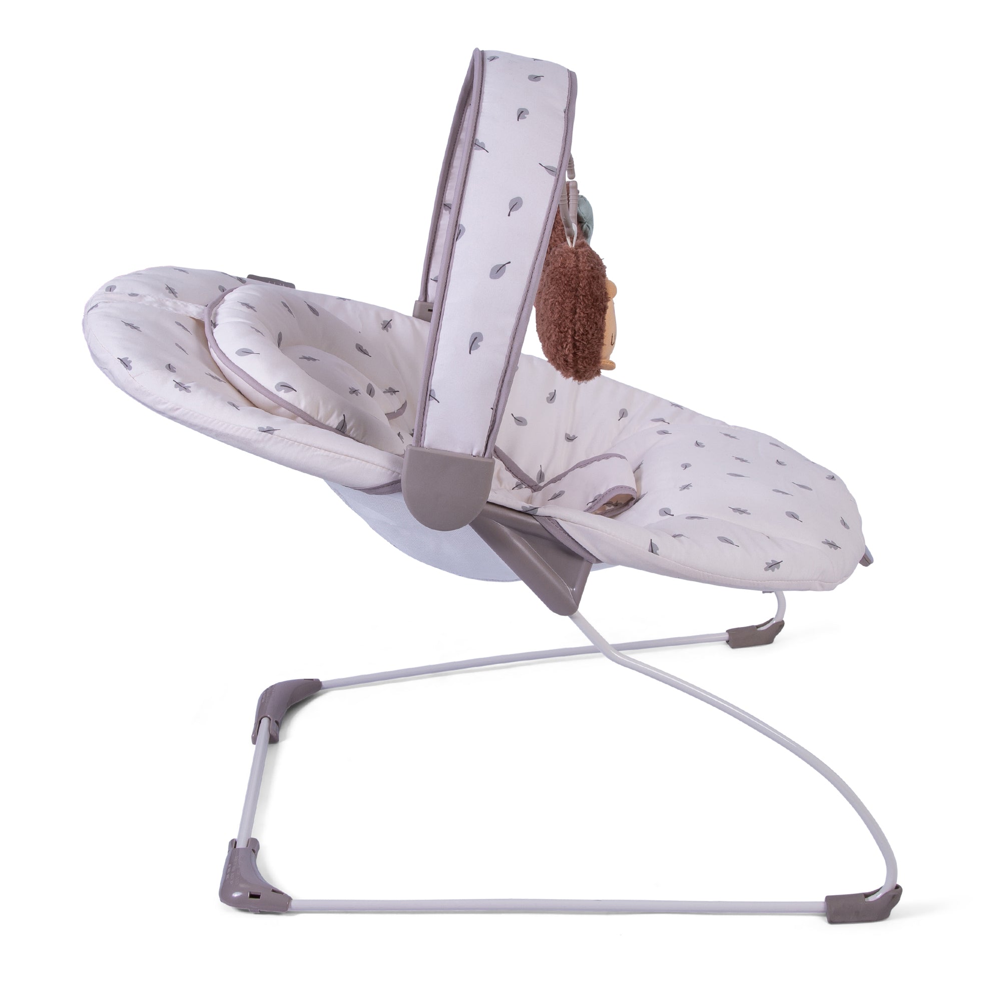 Baby bouncer with leaf pattern on a white background