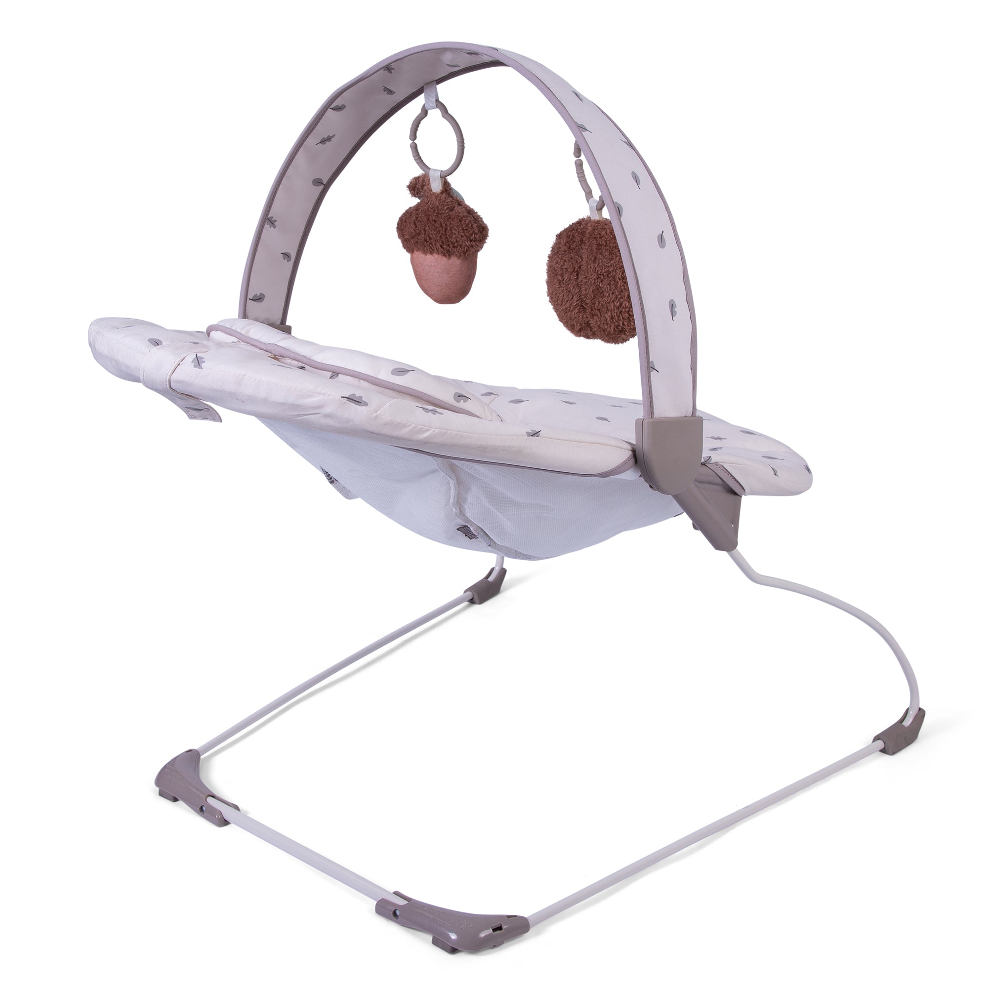 Baby bouncer with hanging toys on a white background