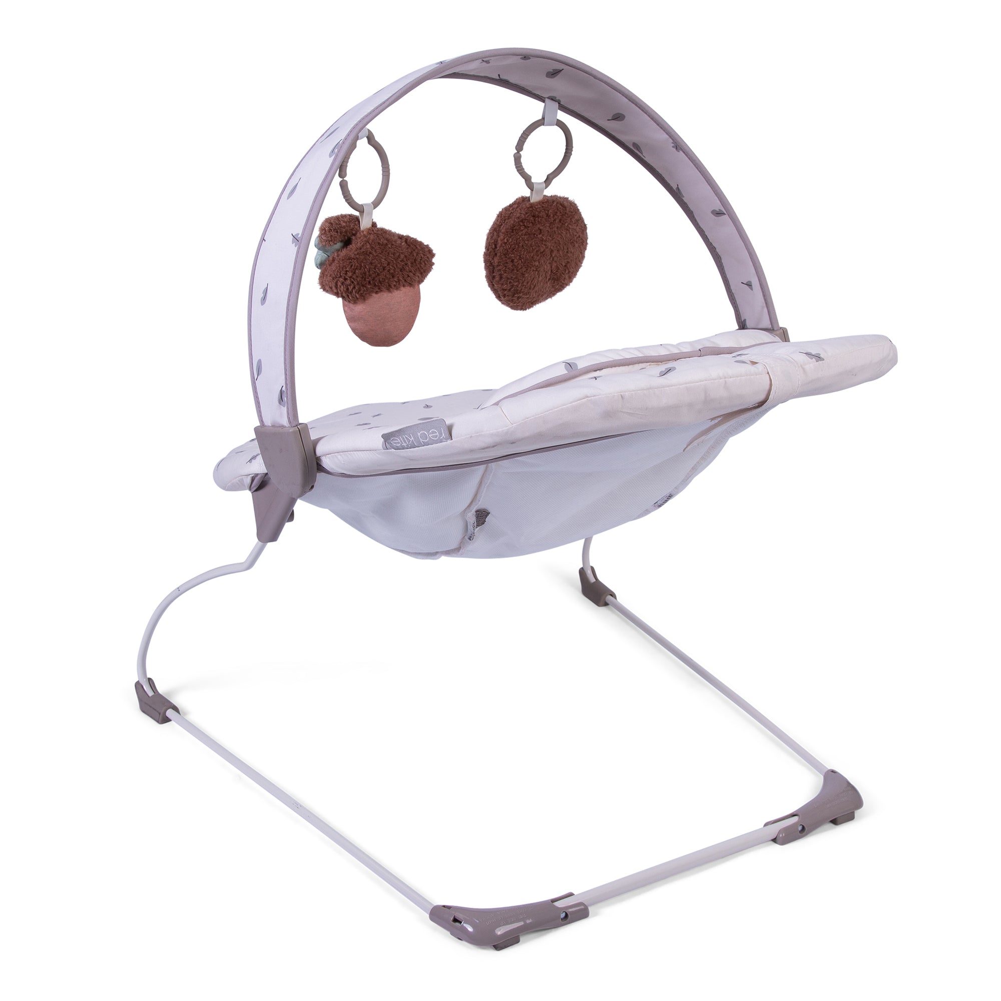 Baby bouncer with acorn-shaped toys on a white background