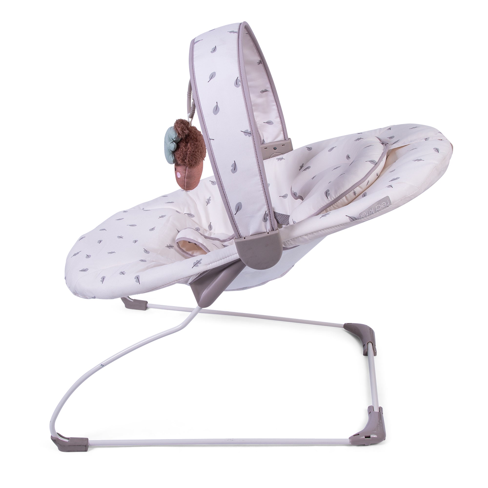 Baby bouncer with white and gray pattern on a white background