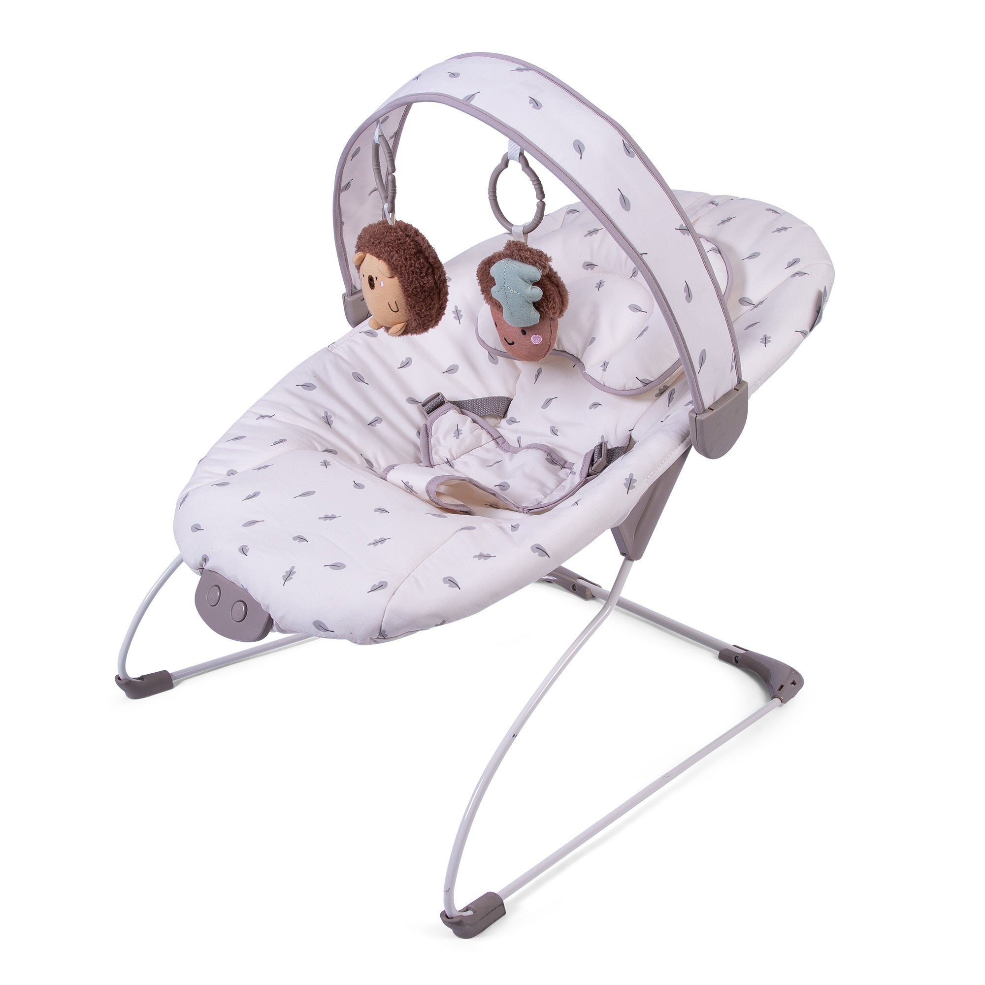 Baby bouncer with hedgehog design on a white background