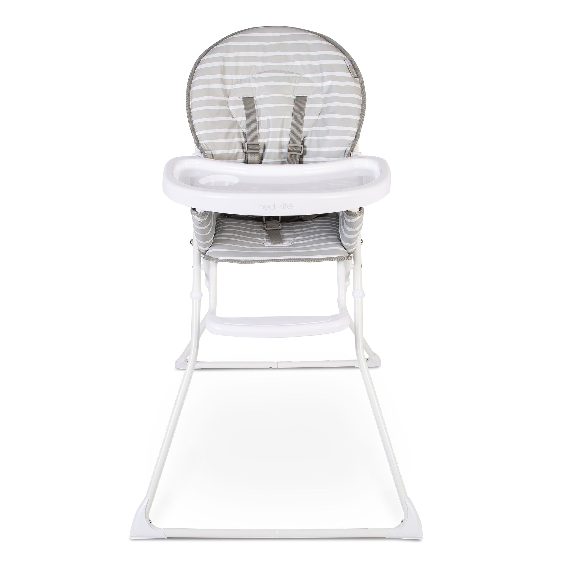 White high chair with striped cushion on a white background