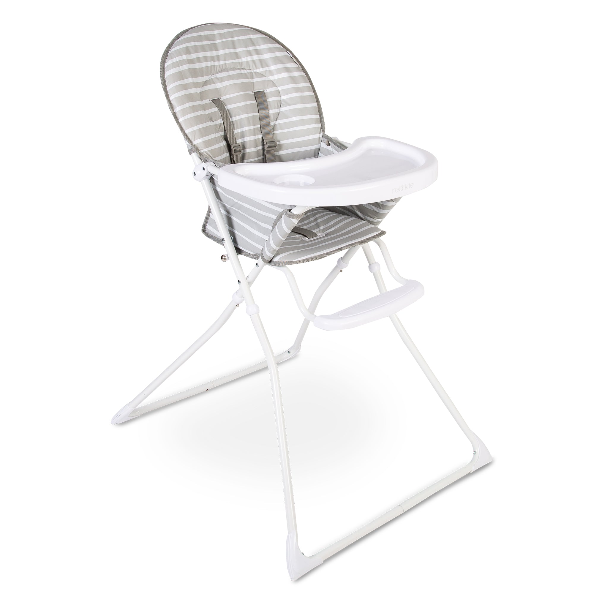 White high chair with striped cushion on a white background