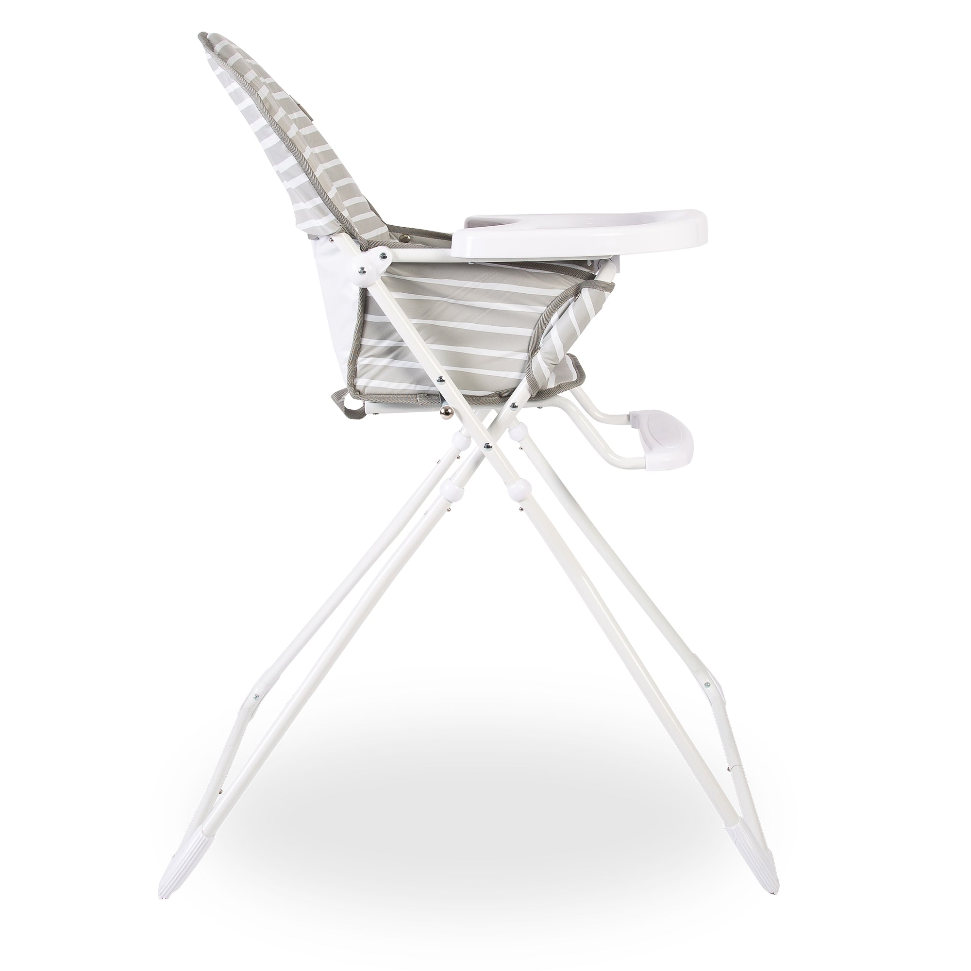 Grey and White high chair with a tray on a white background