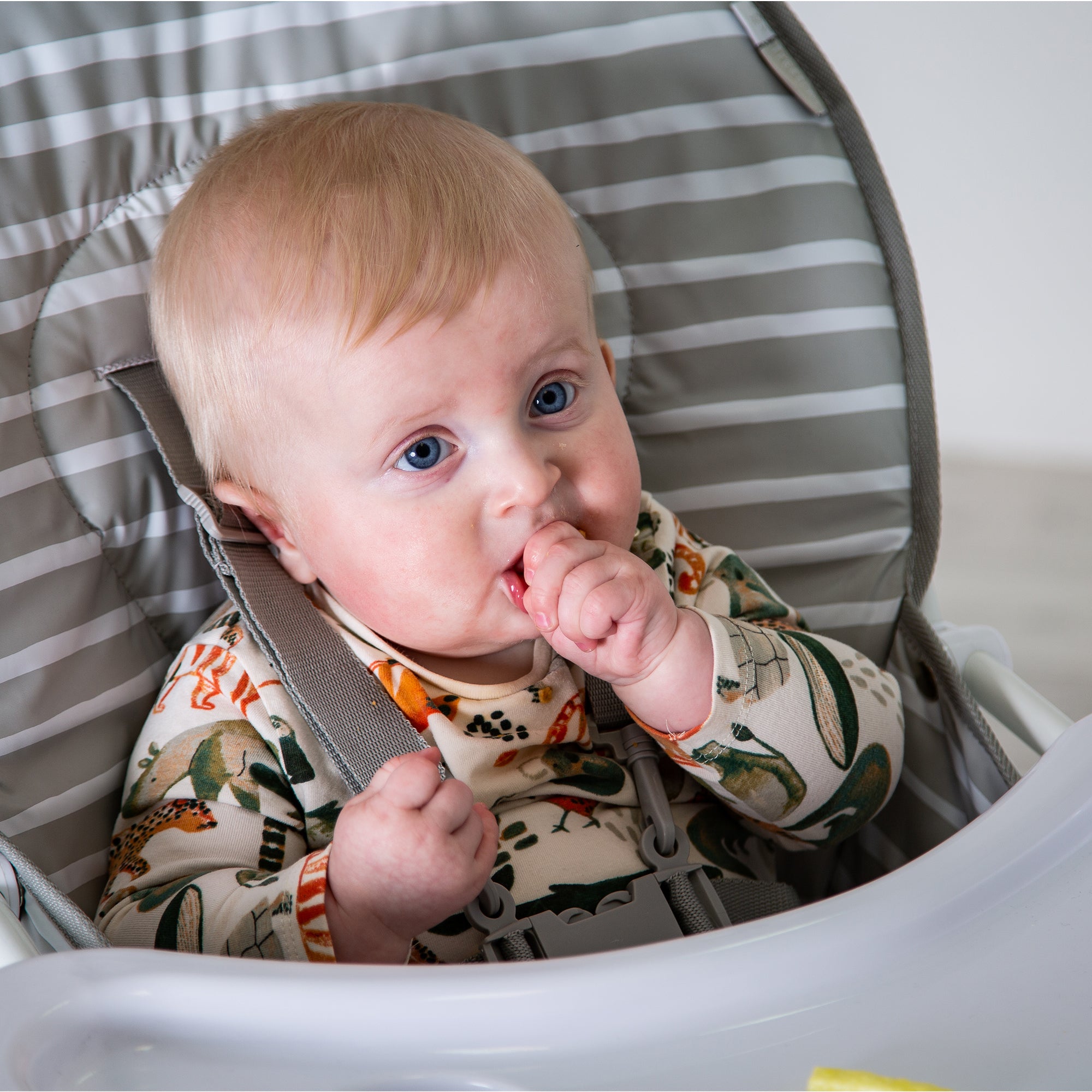 Baby sitting in a striped high chair with a curious expression.