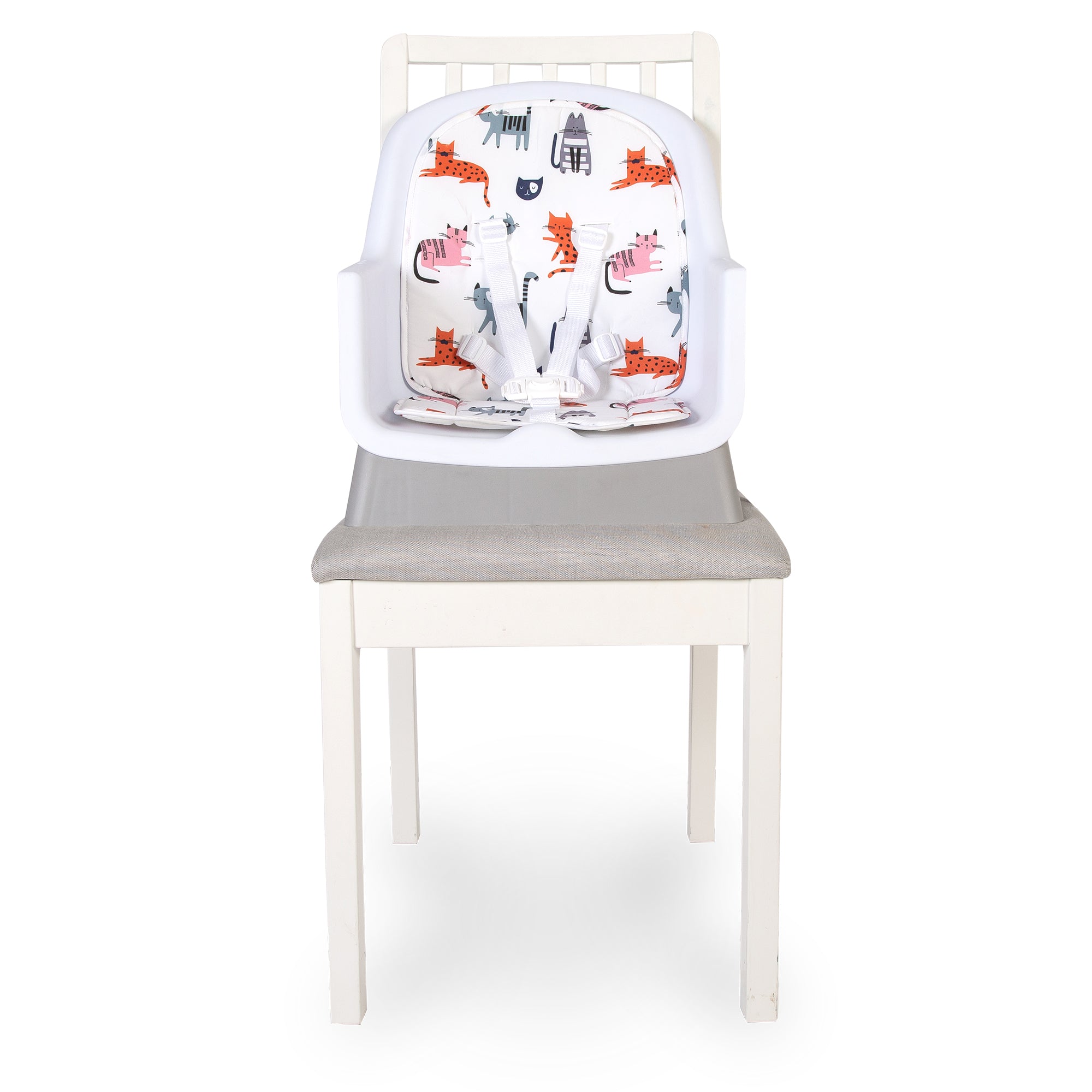 Chair with a high chair cover featuring animal patterns on a white background