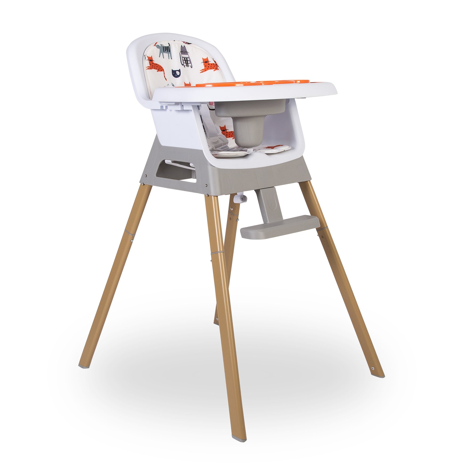 High chair with wooden legs and a white cushion featuring animal illustrations on a white background