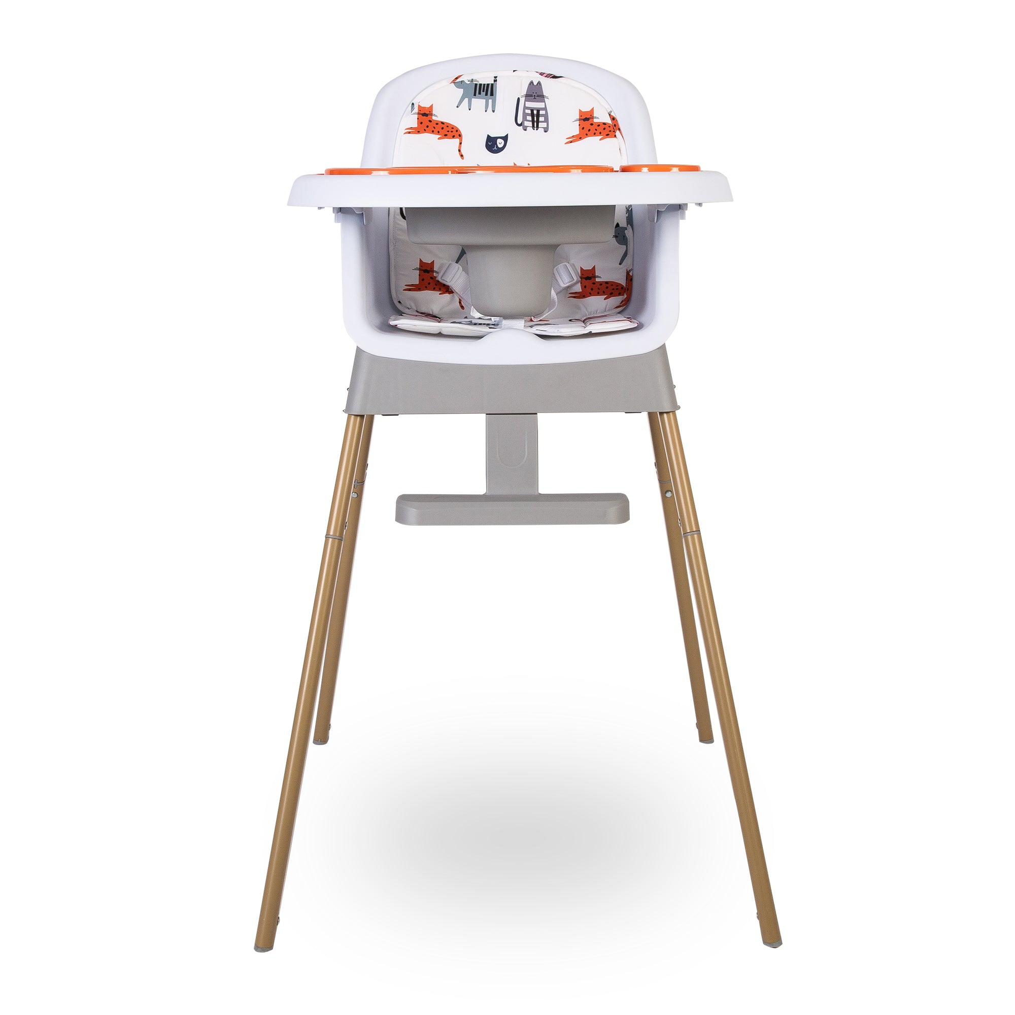 White high chair with wooden legs on a white background
